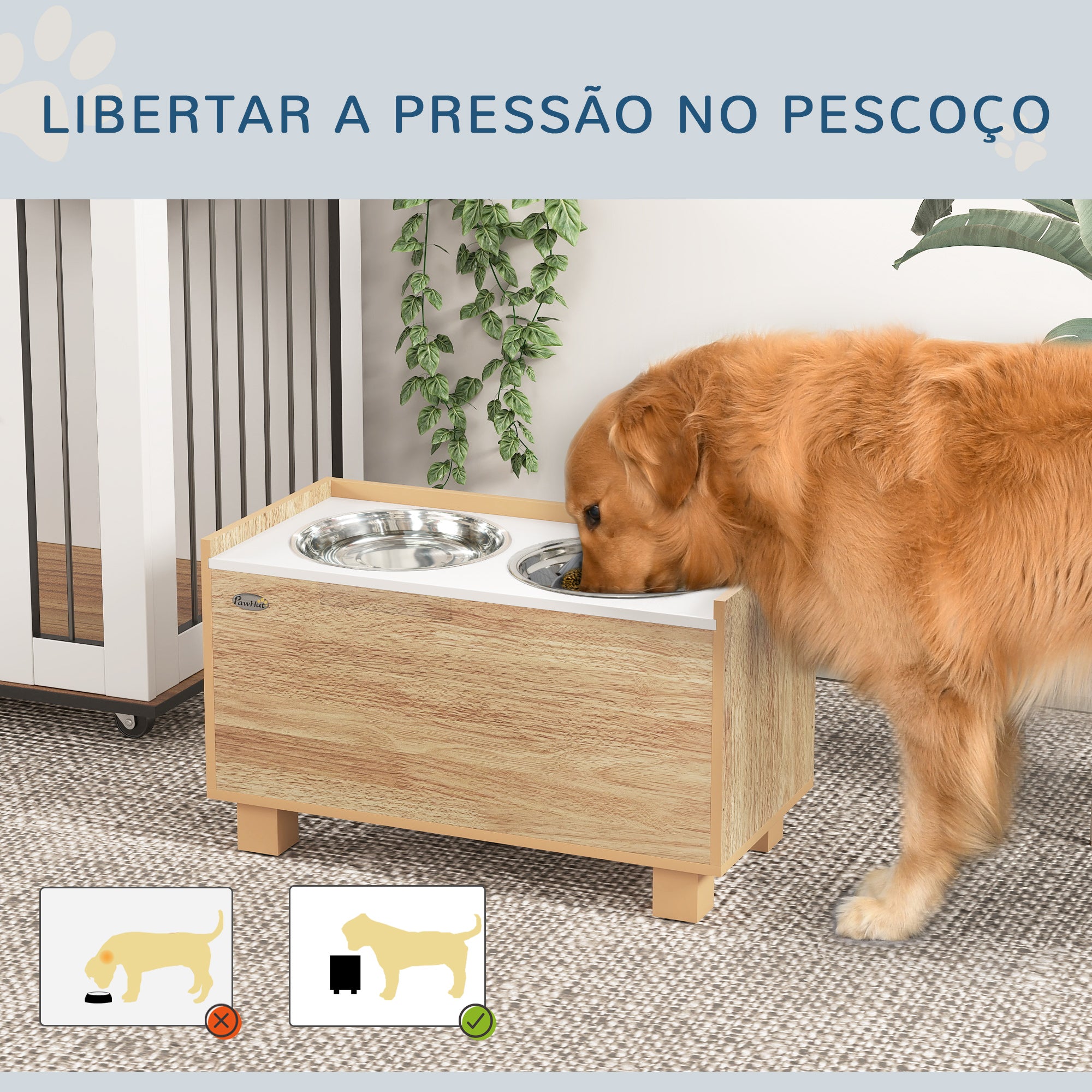 Comedouro Elevado para Cães Grandes – 60x30x35,5 cm – Cor de Madeira Natural – MDF e metal