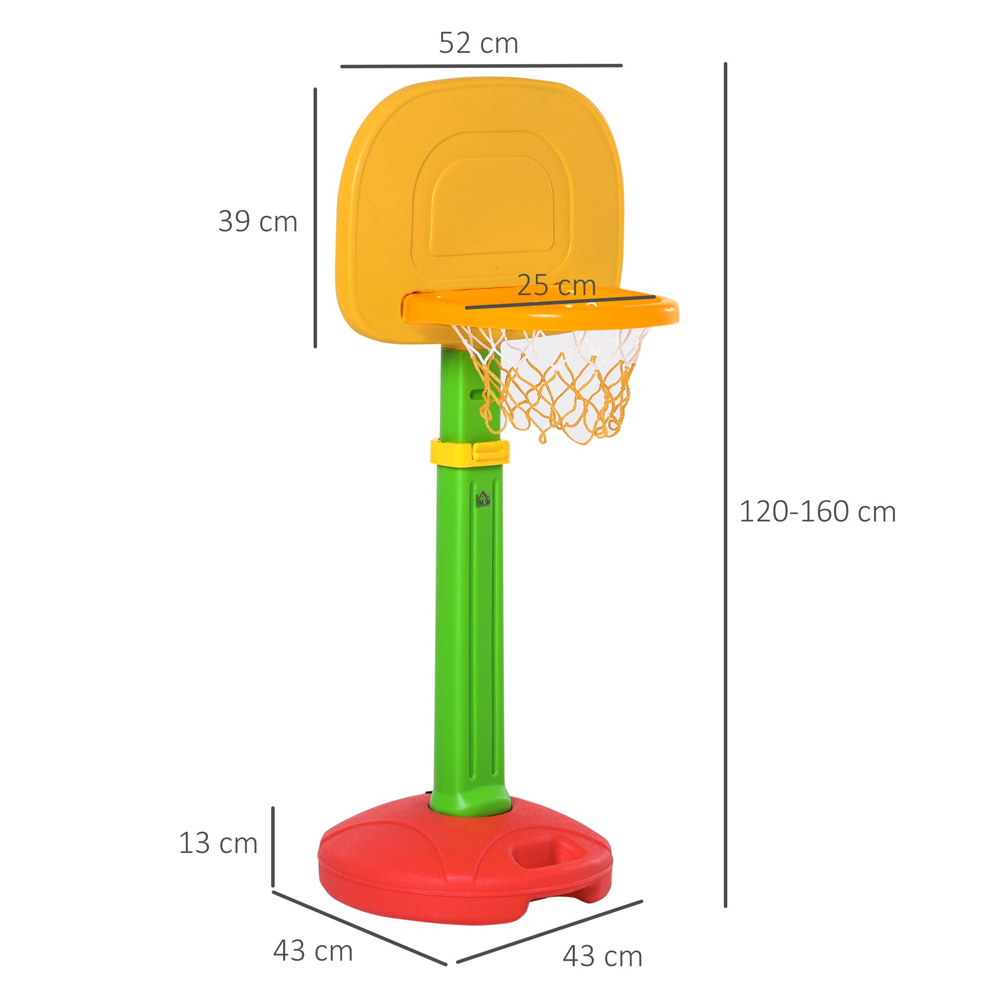 Tabela de Basquetebol Infantil Altura Ajustável 52.5x44x160cm Amarelo Verde Vermelho