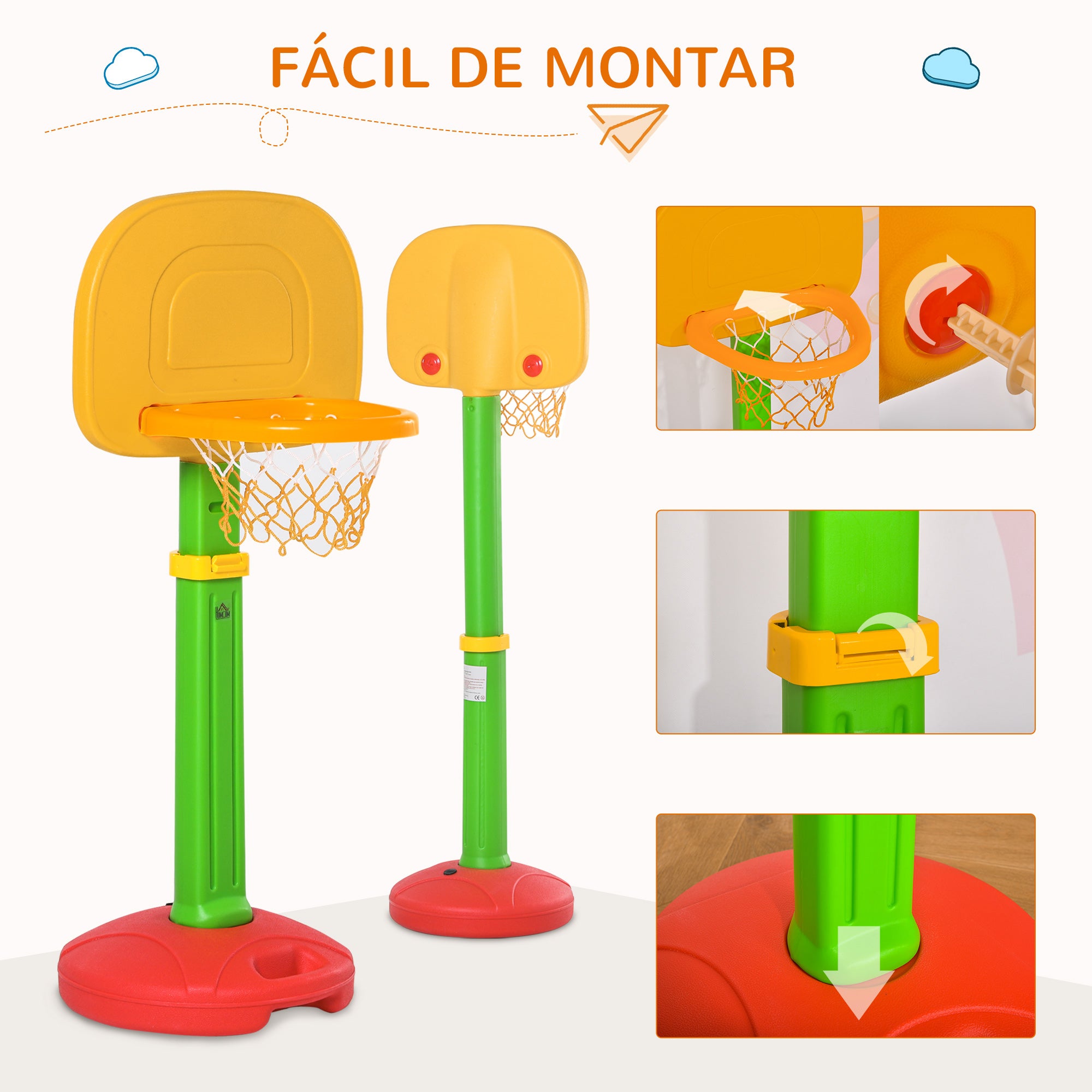 Tabela de Basquetebol Infantil Altura Ajustável 52.5x44x160cm Amarelo Verde Vermelho