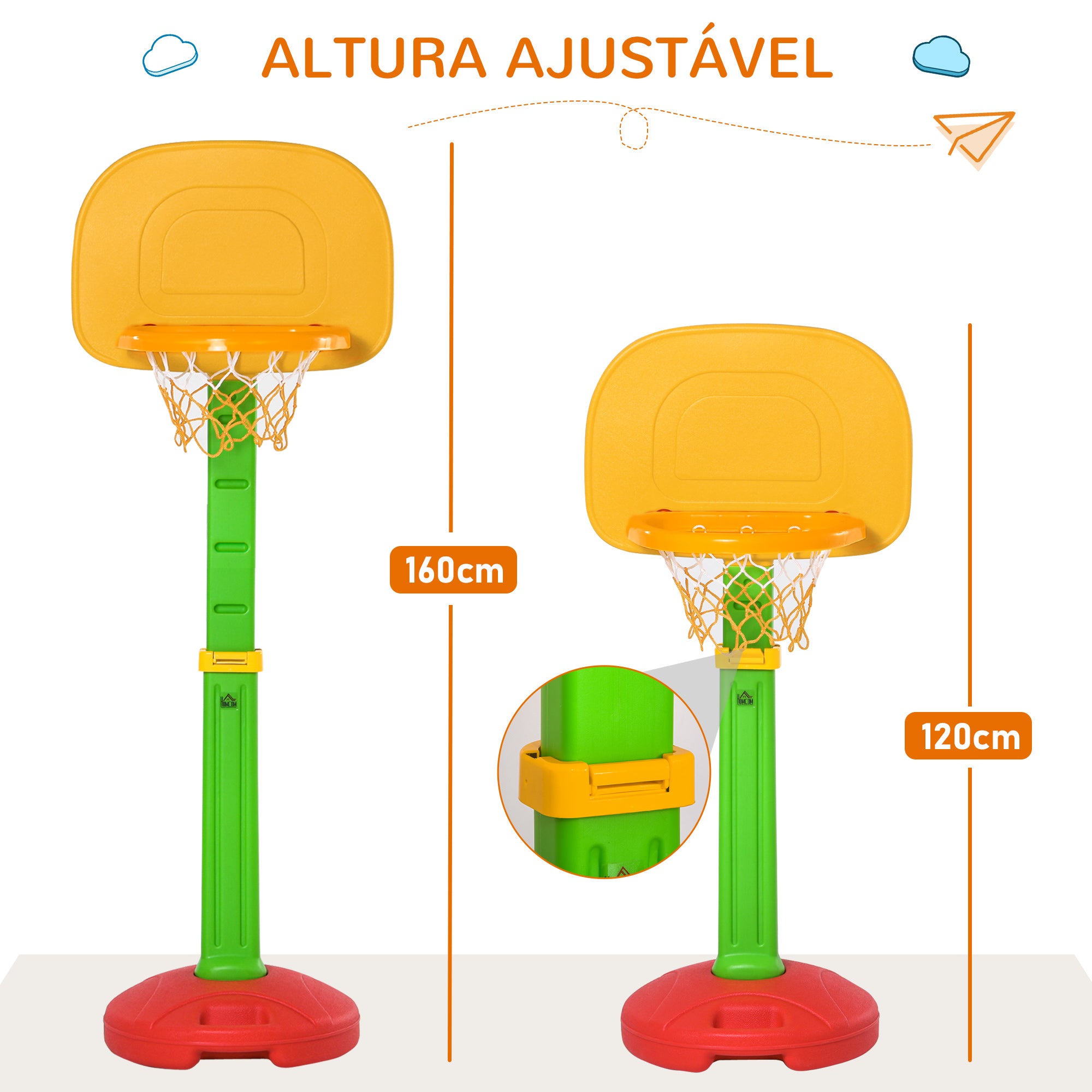 Tabela de Basquetebol Infantil Altura Ajustável 52.5x44x160cm Amarelo Verde Vermelho