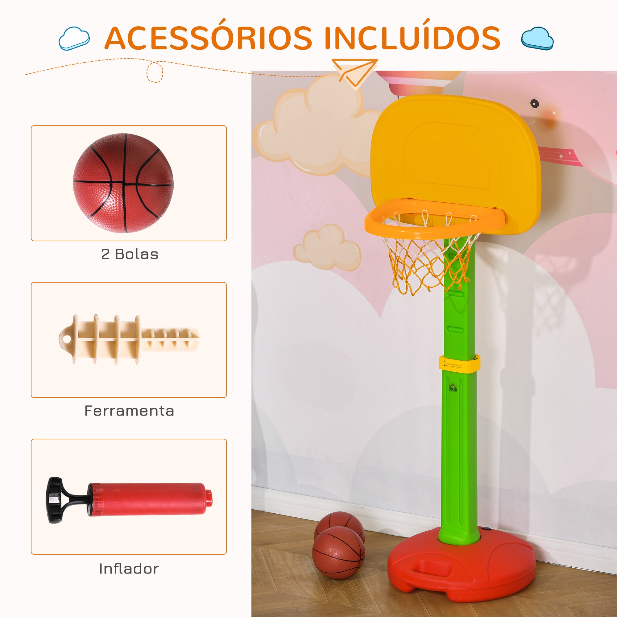 Tabela de Basquetebol Infantil Altura Ajustável 52.5x44x160cm Amarelo Verde Vermelho