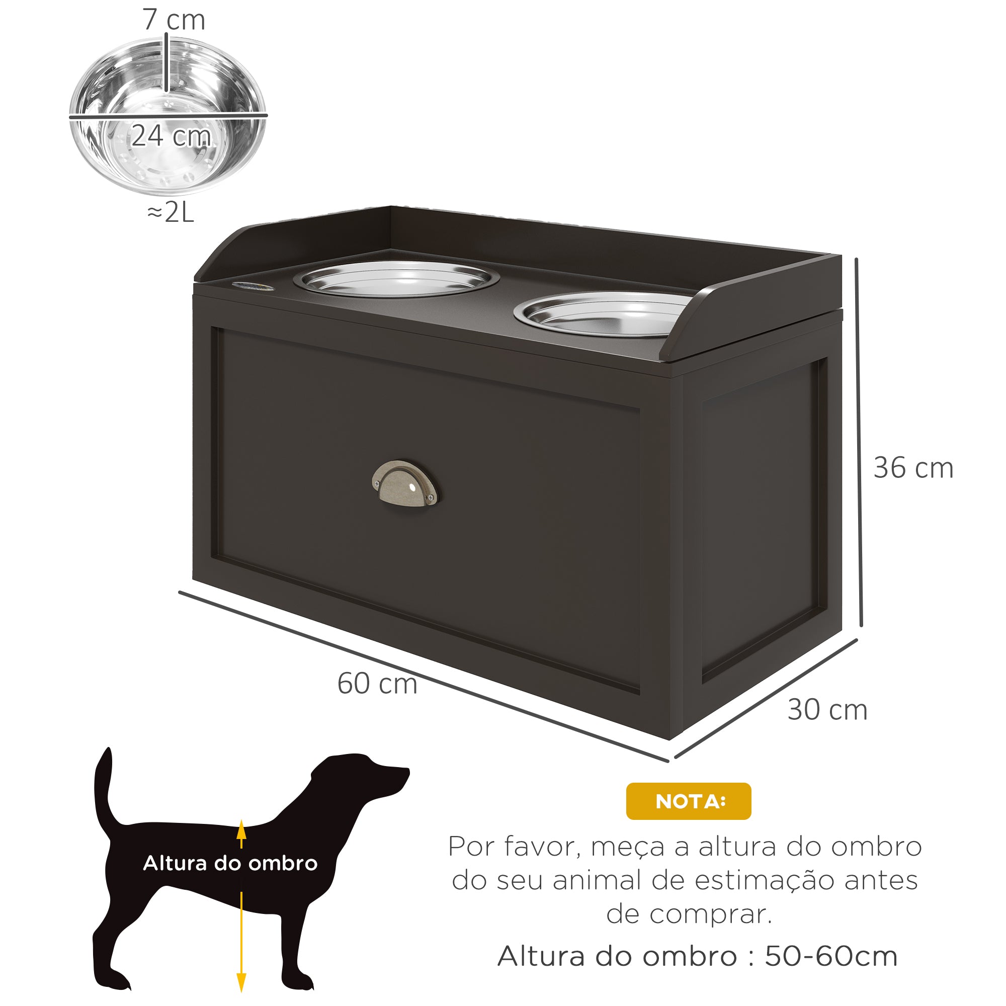 Comedouro Elevado para Cães – 60x30x36cm – Marrom Escuro – Aço Inoxidável e MDF