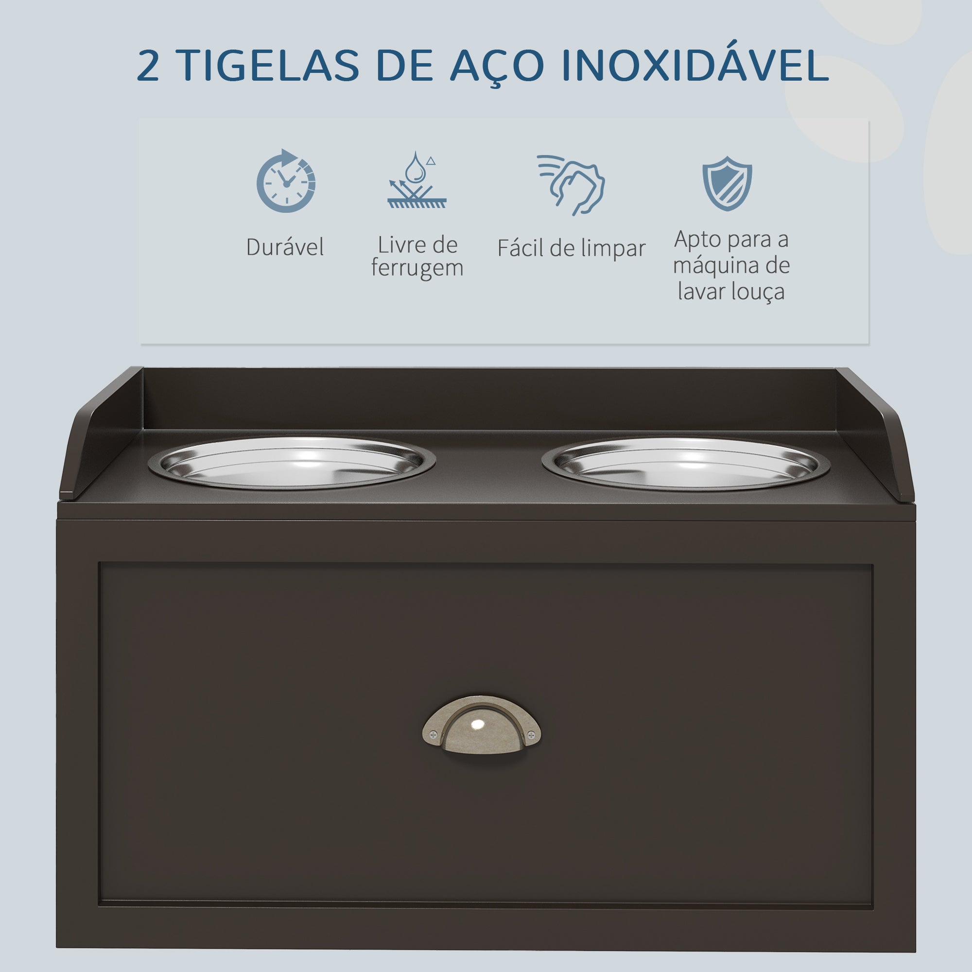 Comedouro Elevado para Cães – 60x30x36cm – Marrom Escuro – Aço Inoxidável e MDF