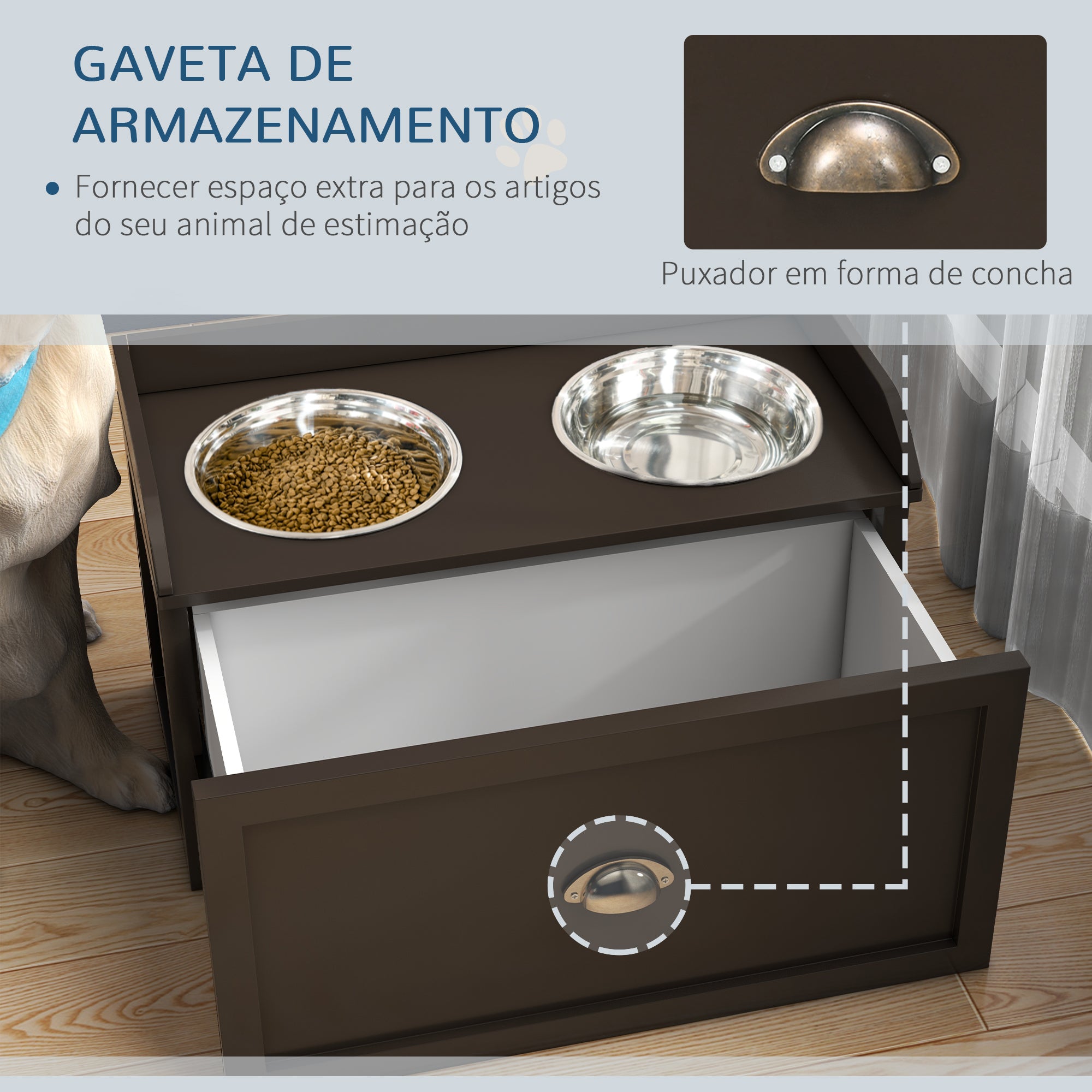 Comedouro Elevado para Cães – 60x30x36cm – Marrom Escuro – Aço Inoxidável e MDF