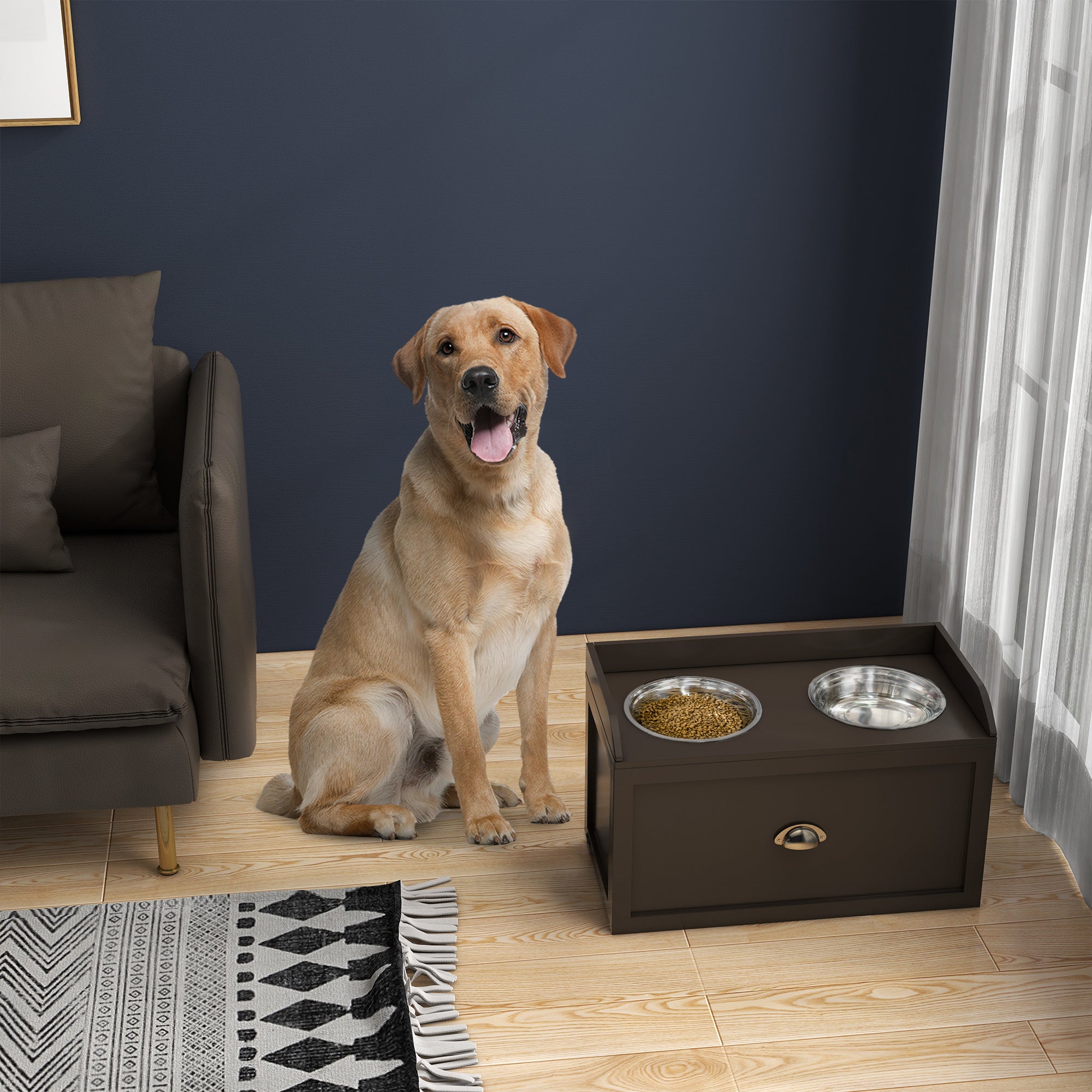 Comedouro Elevado para Cães – 60x30x36cm – Marrom Escuro – Aço Inoxidável e MDF