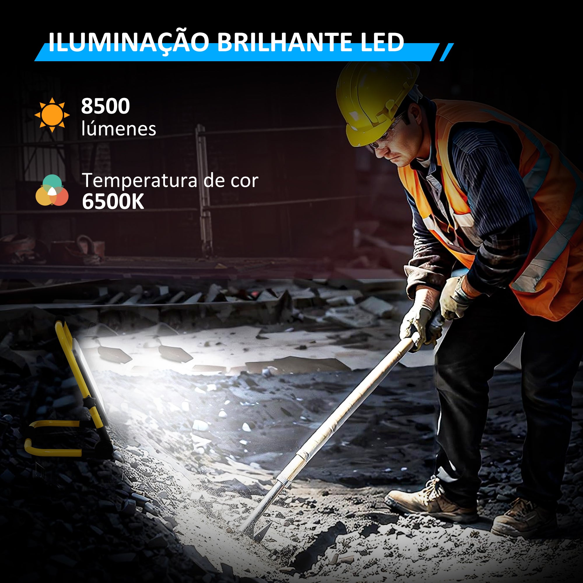Projetor LED Recarregável 100W – 35x20x32 cm – Amarelo – Alumínio e metal