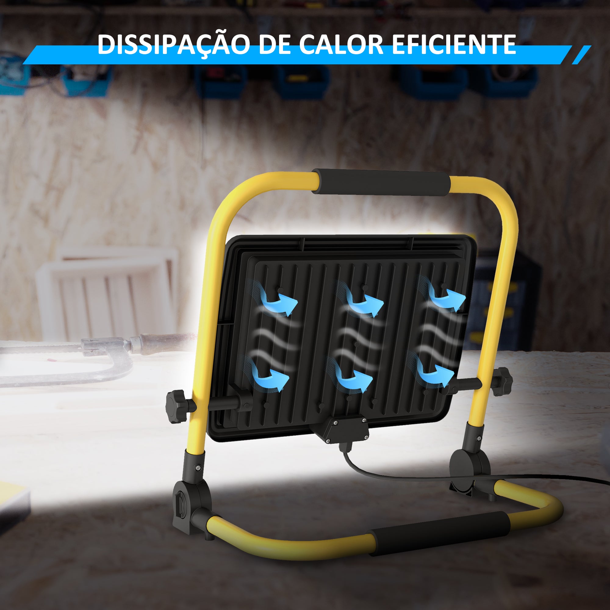 Projetor LED Recarregável 100W – 35x20x32 cm – Amarelo – Alumínio e metal