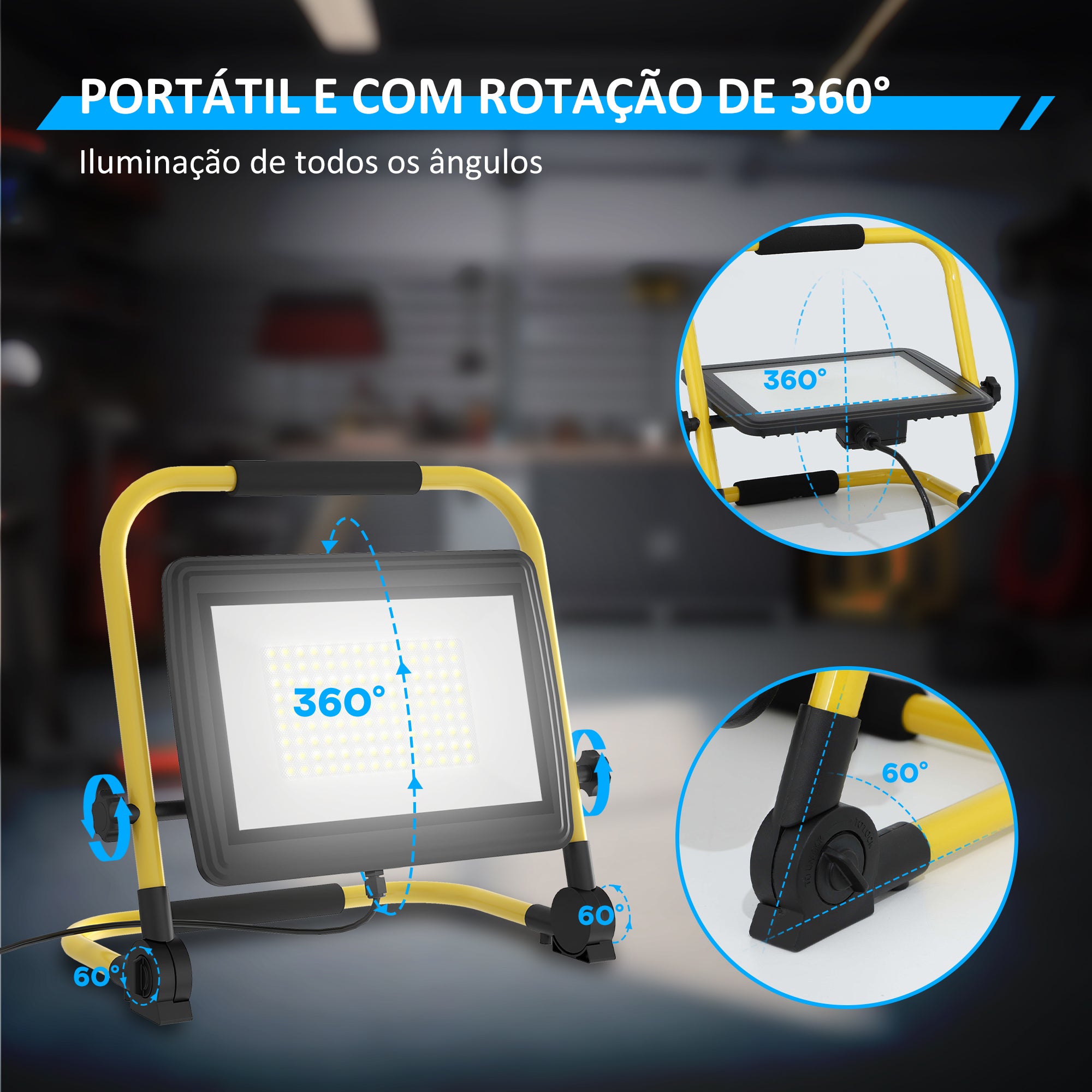 Projetor LED Recarregável 100W – 35x20x32 cm – Amarelo – Alumínio e metal