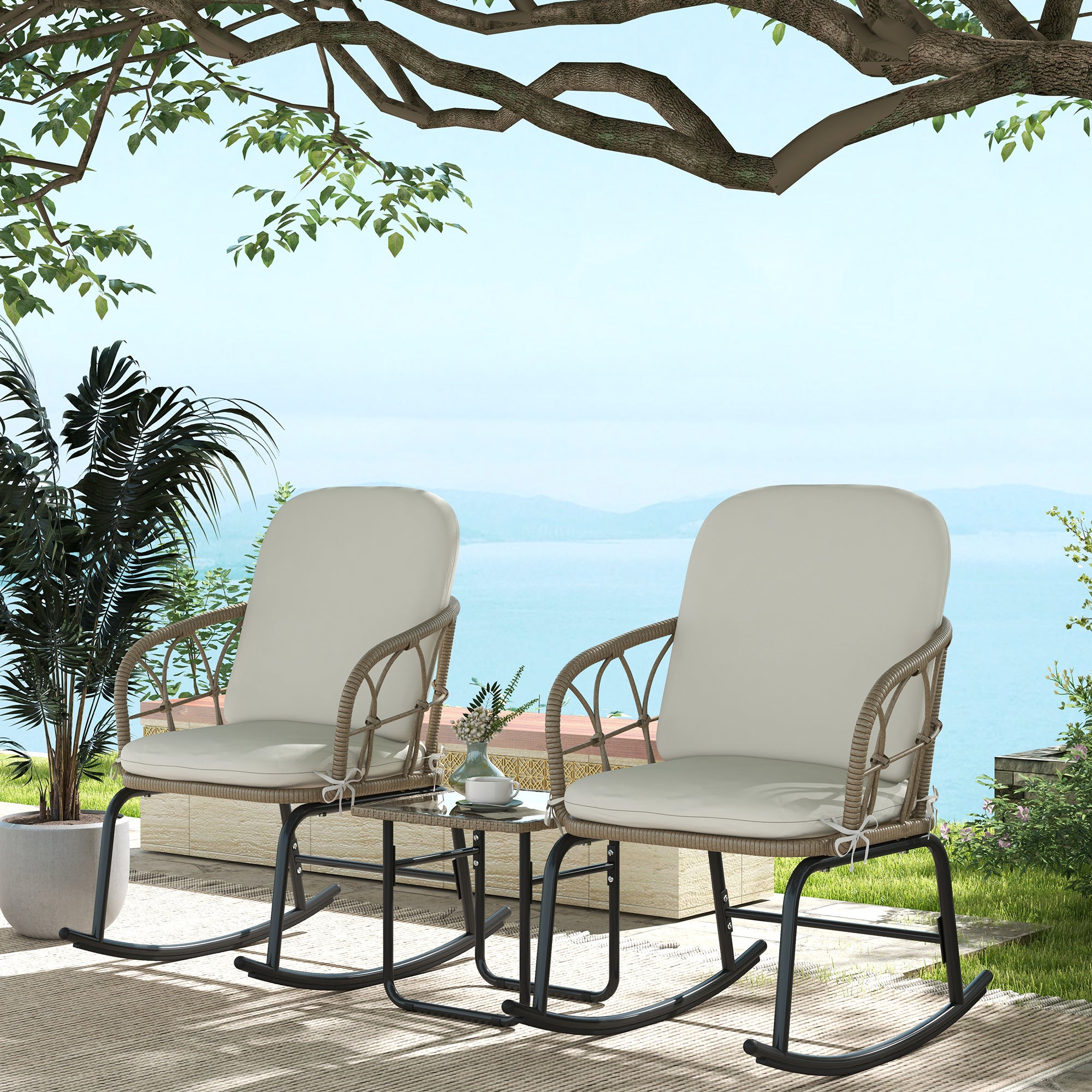 Conjunto de Móveis de Jardim – 63x82x75 cm – Creme e Bege – Vime e Aço