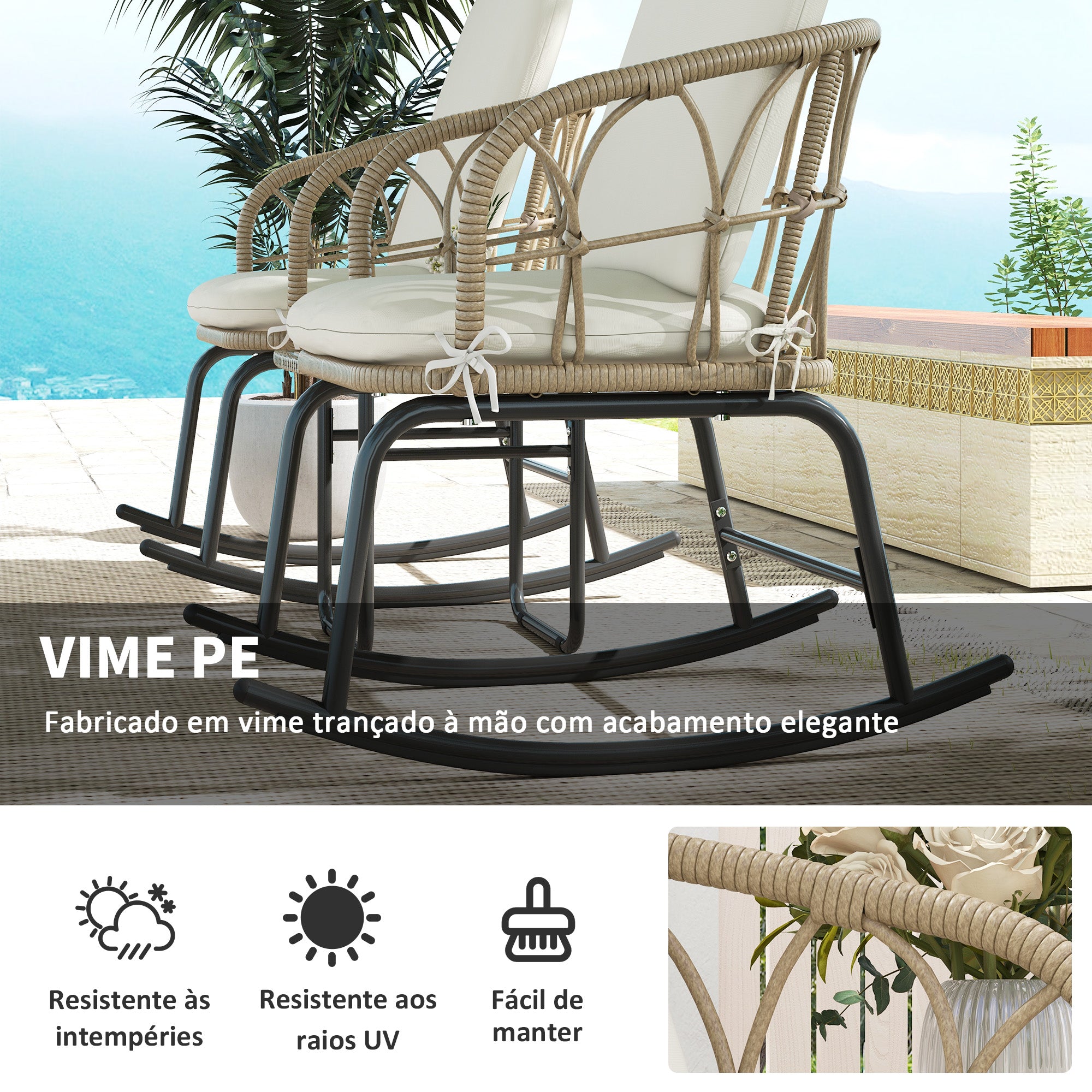 Conjunto de Móveis de Jardim – 63x82x75 cm – Creme e Bege – Vime e Aço
