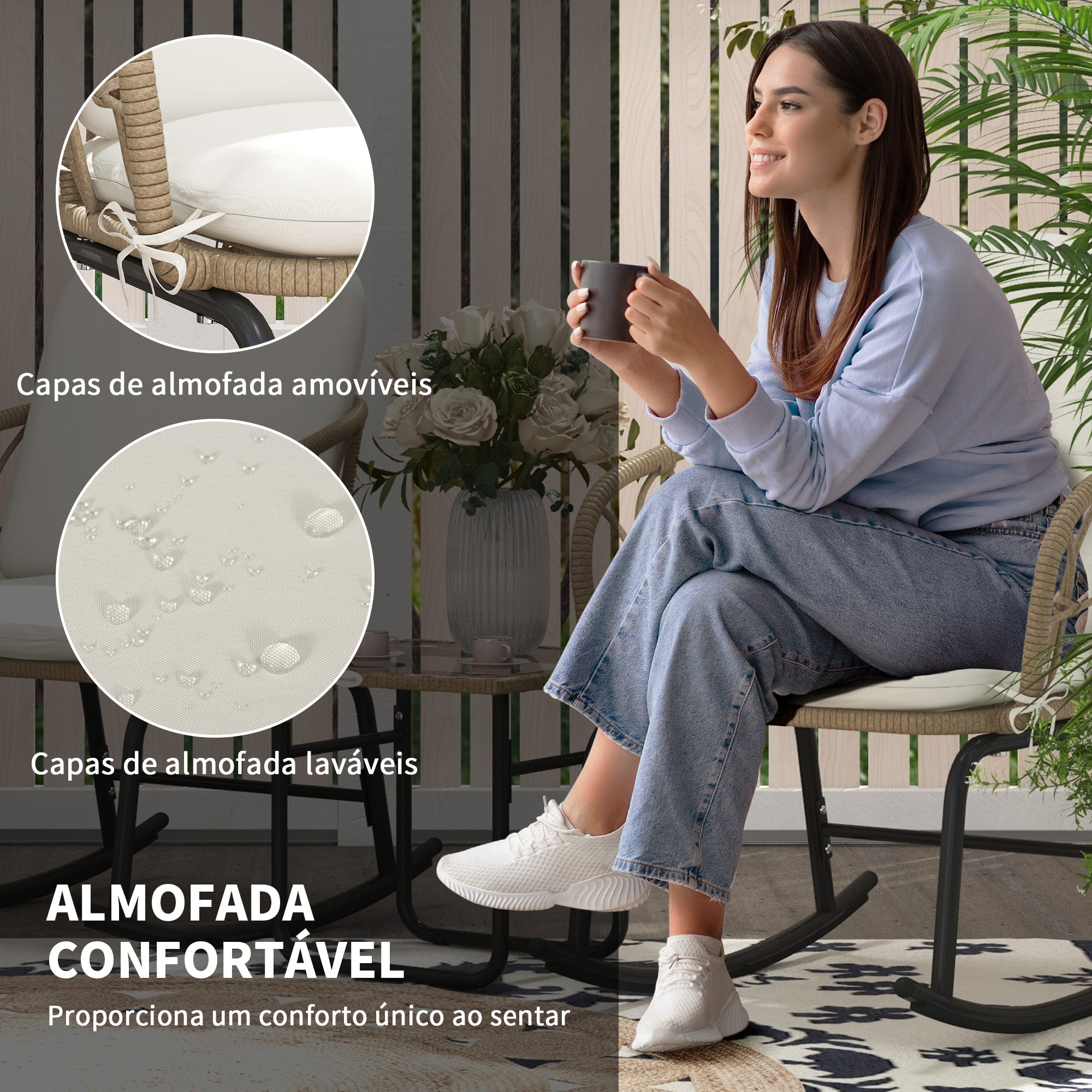 Conjunto de Móveis de Jardim – 63x82x75 cm – Creme e Bege – Vime e Aço