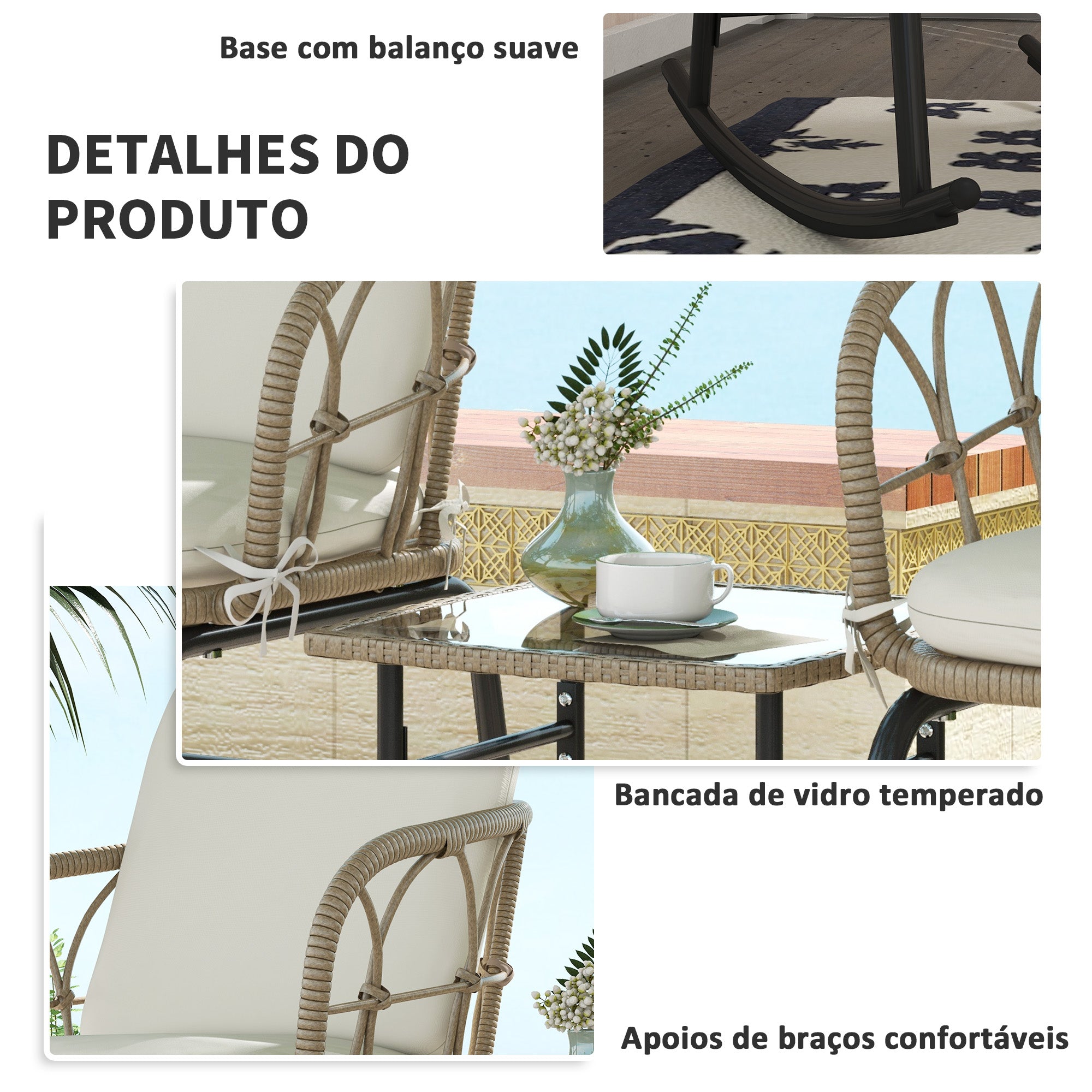 Conjunto de Móveis de Jardim – 63x82x75 cm – Creme e Bege – Vime e Aço