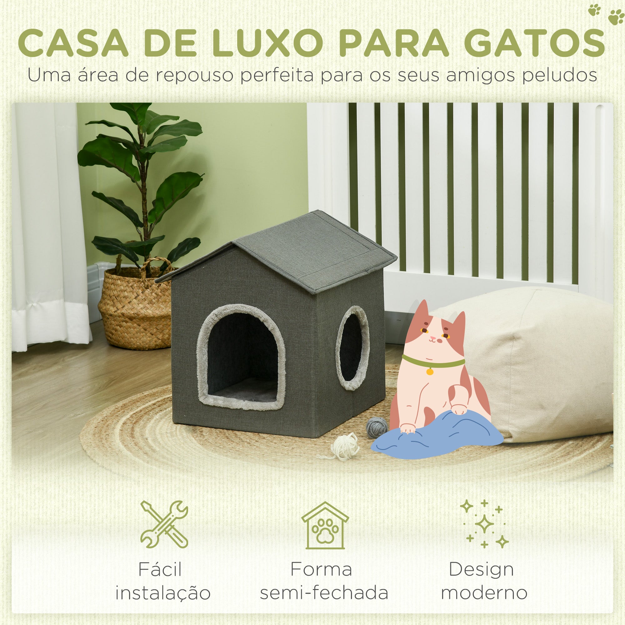 Cama para Gatos Caverna com 2 Portas e Almofada Lavável 39x43,5x40,5 cm - Cinzento