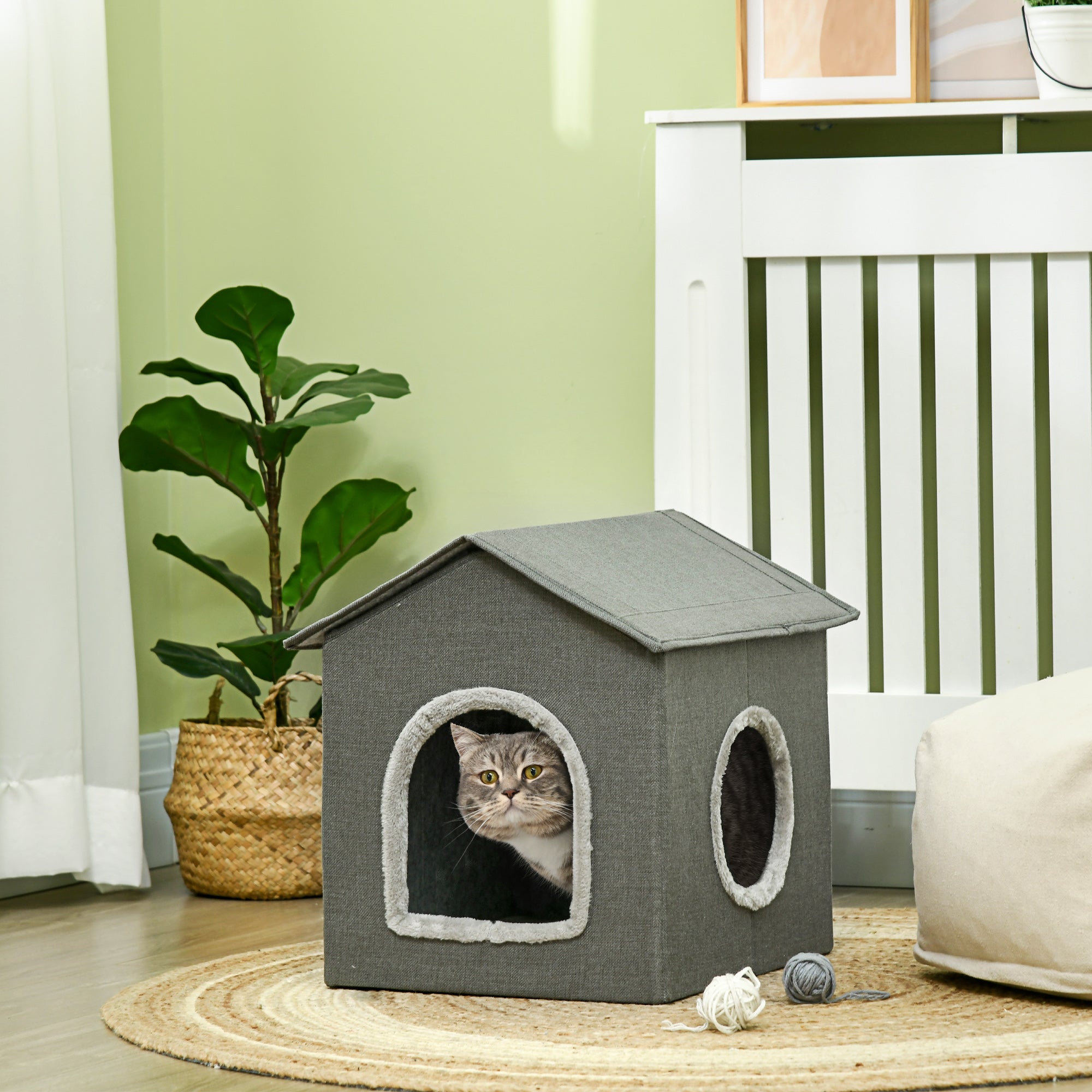Cama para Gatos Caverna com 2 Portas e Almofada Lavável 39x43,5x40,5 cm - Cinzento
