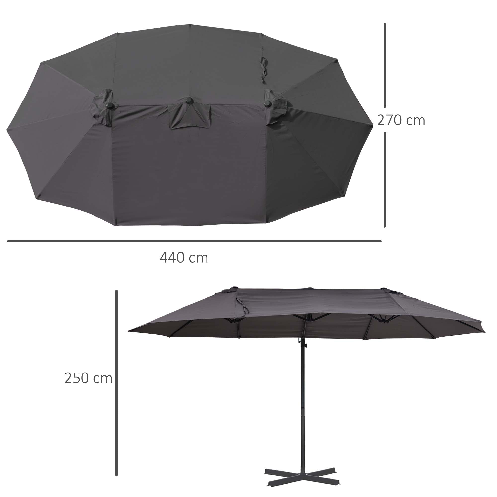 Chapéu de Sol Duplo – 270x440x250cm – Cinzento – Metal e Poliéster