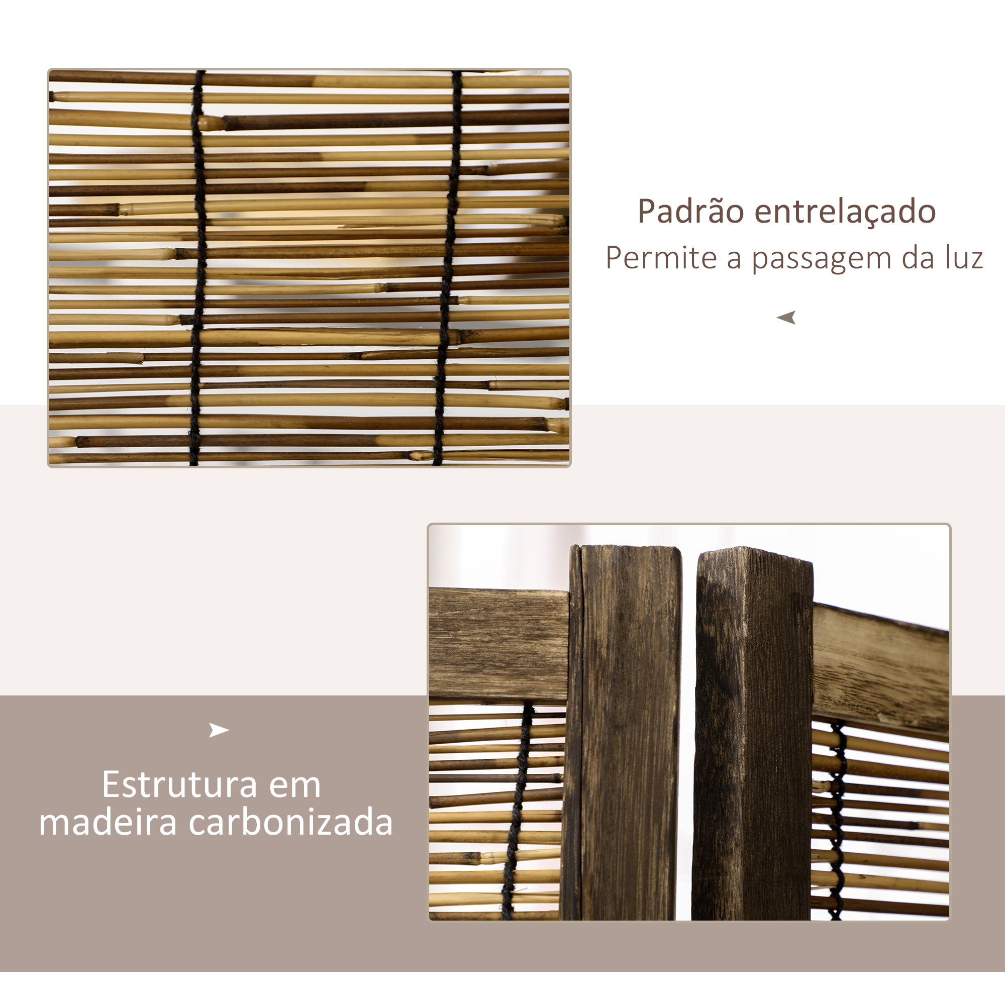 Biombo Separador de Ambientes – 160x1,8x170 cm – Madeira Carbonizada e Marrom – Madeira de Paulownia
