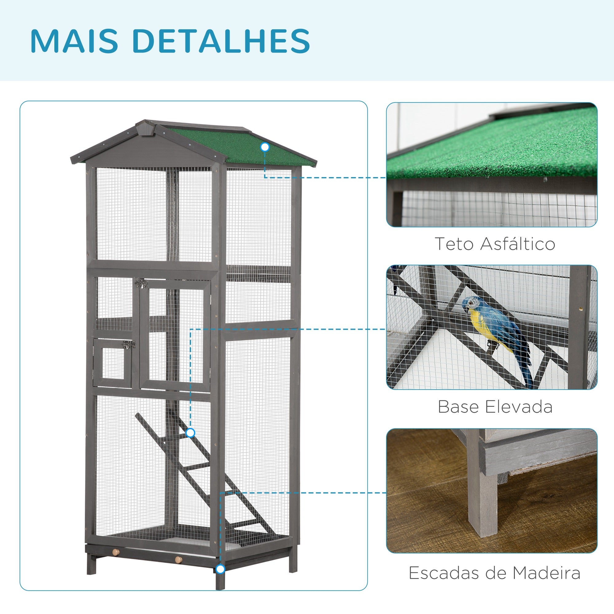 Gaiola para Pássaros Grande 68x63x165 cm Cinzenta de Madeira de Abeto