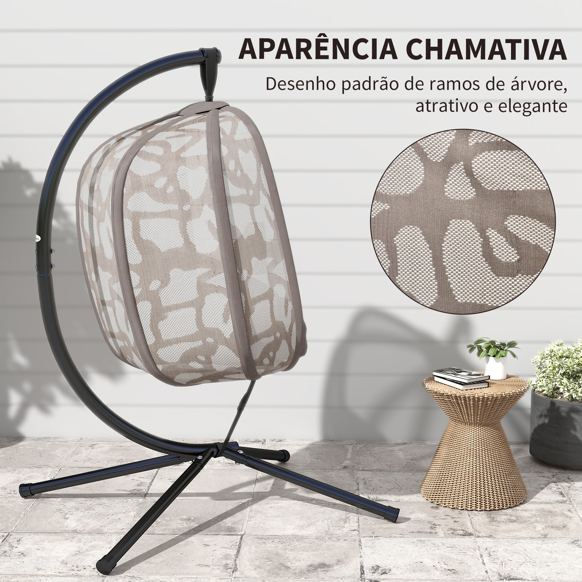 Cadeirão Suspenso com Suporte de Aço – 126x96x172cm – Cor Areia – Aço