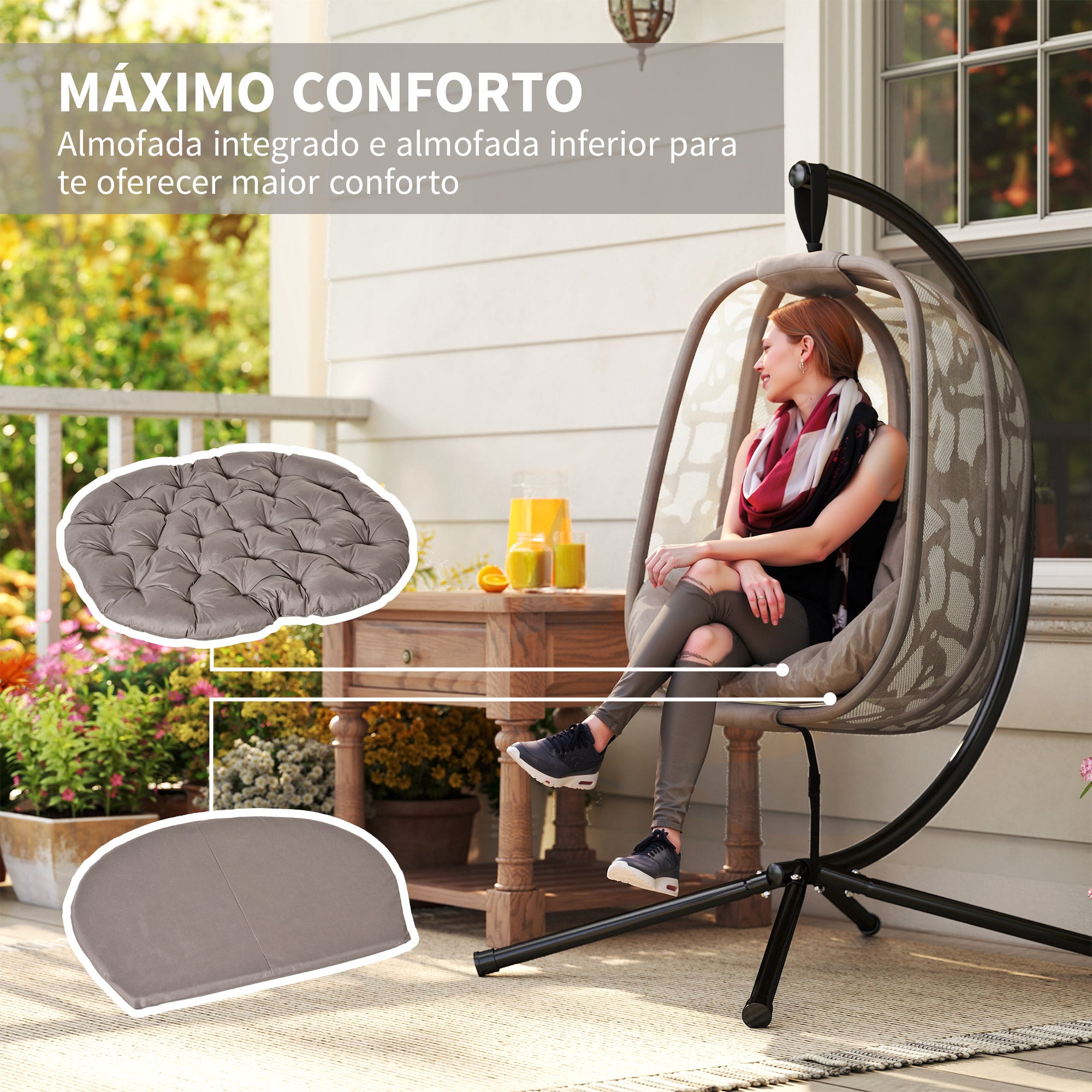 Cadeirão Suspenso com Suporte de Aço – 126x96x172cm – Cor Areia – Aço