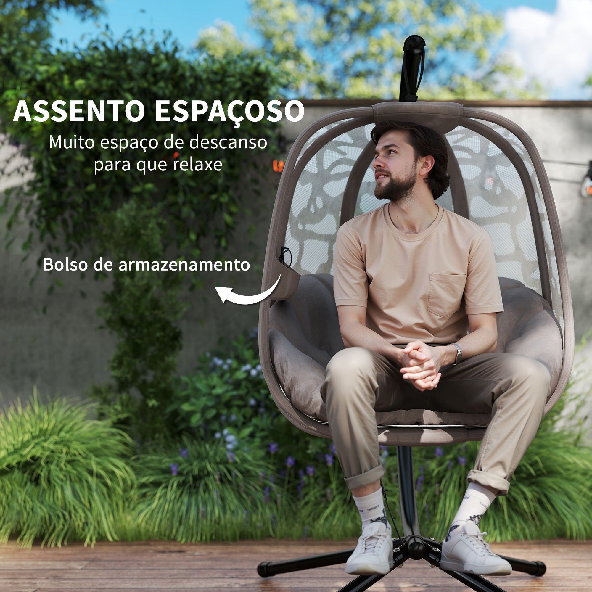 Cadeirão Suspenso com Suporte de Aço – 126x96x172cm – Cor Areia – Aço