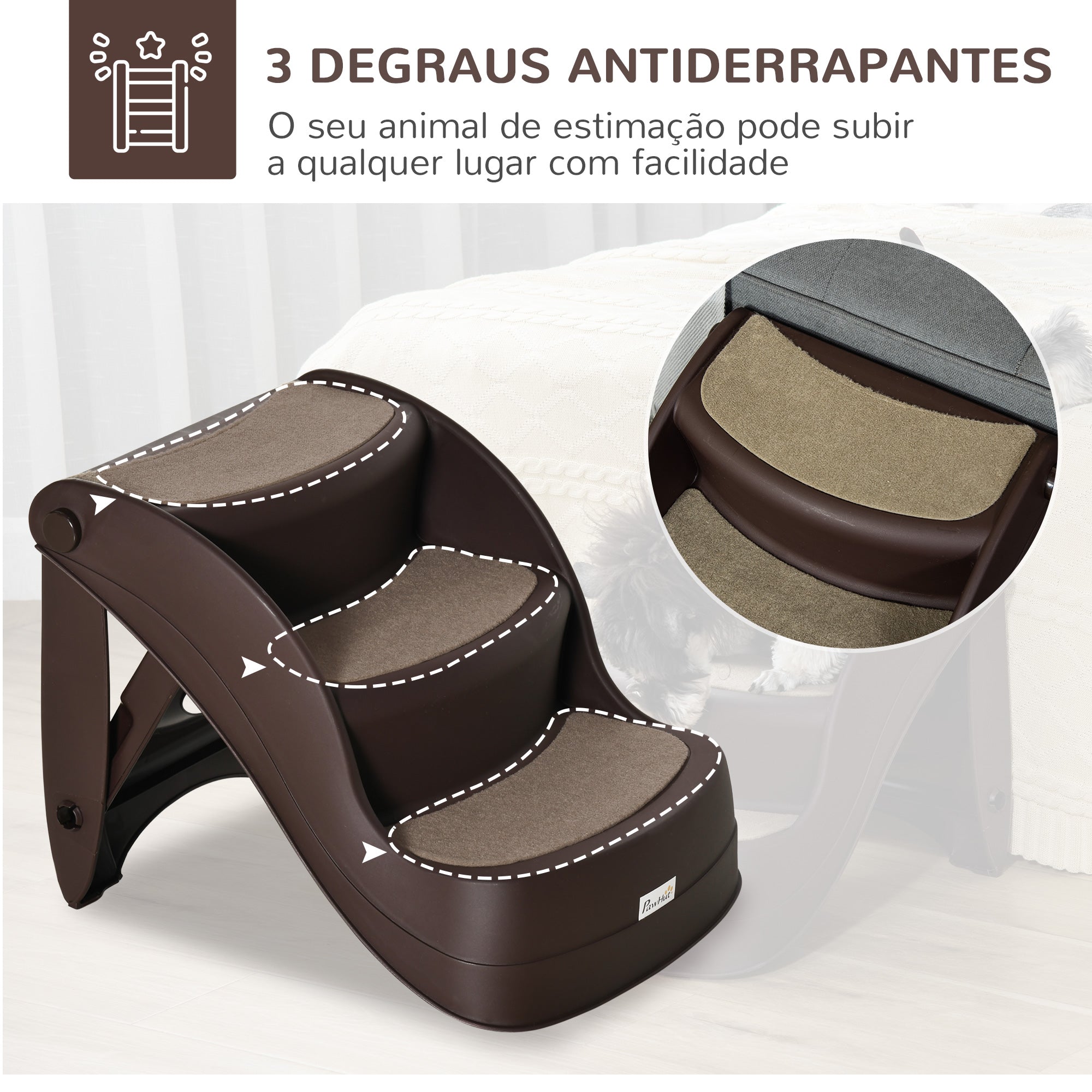 Escada para Cães de 3 Degraus – 49x38x38 cm – Marrom – Polipropileno