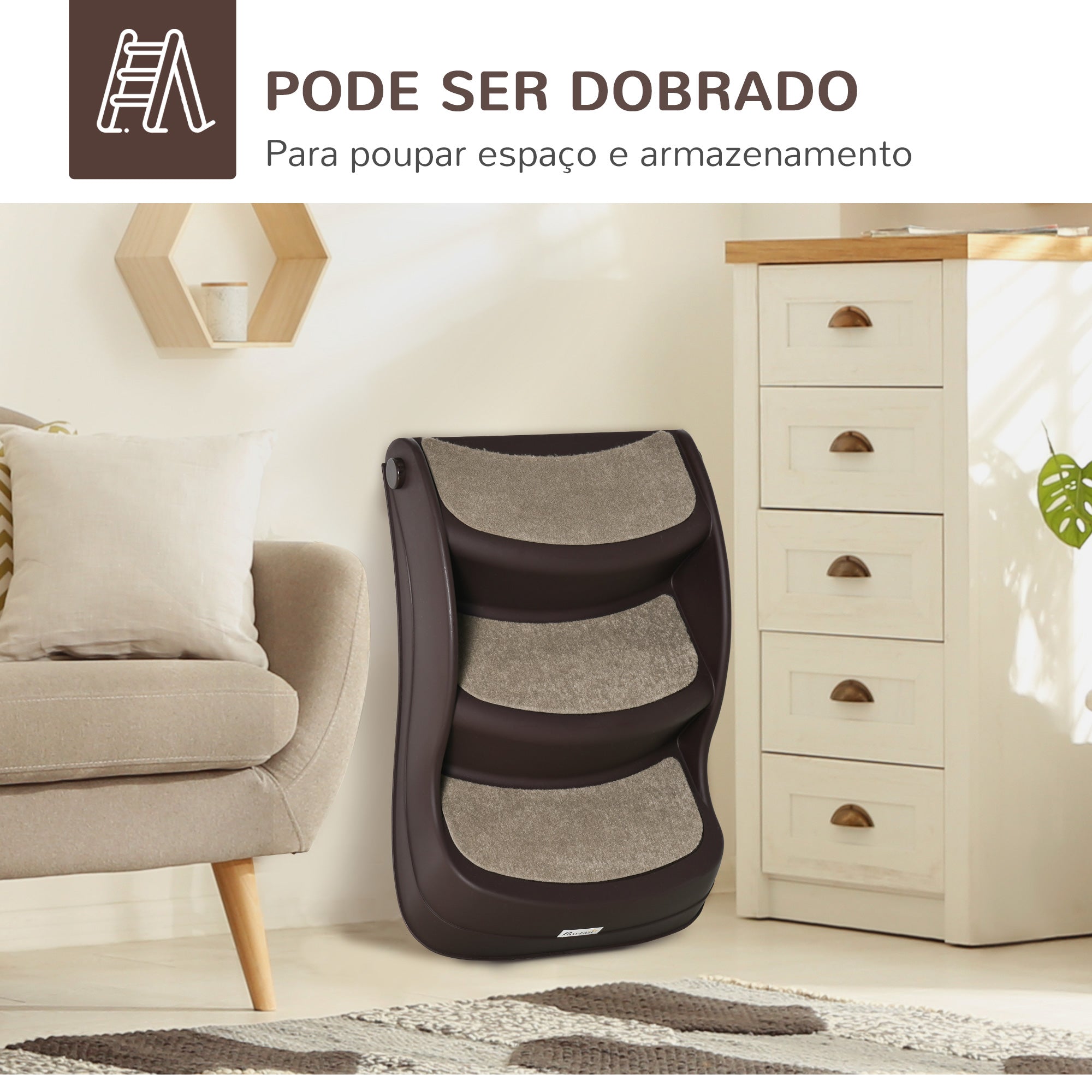 Escada para Cães de 3 Degraus – 49x38x38 cm – Marrom – Polipropileno