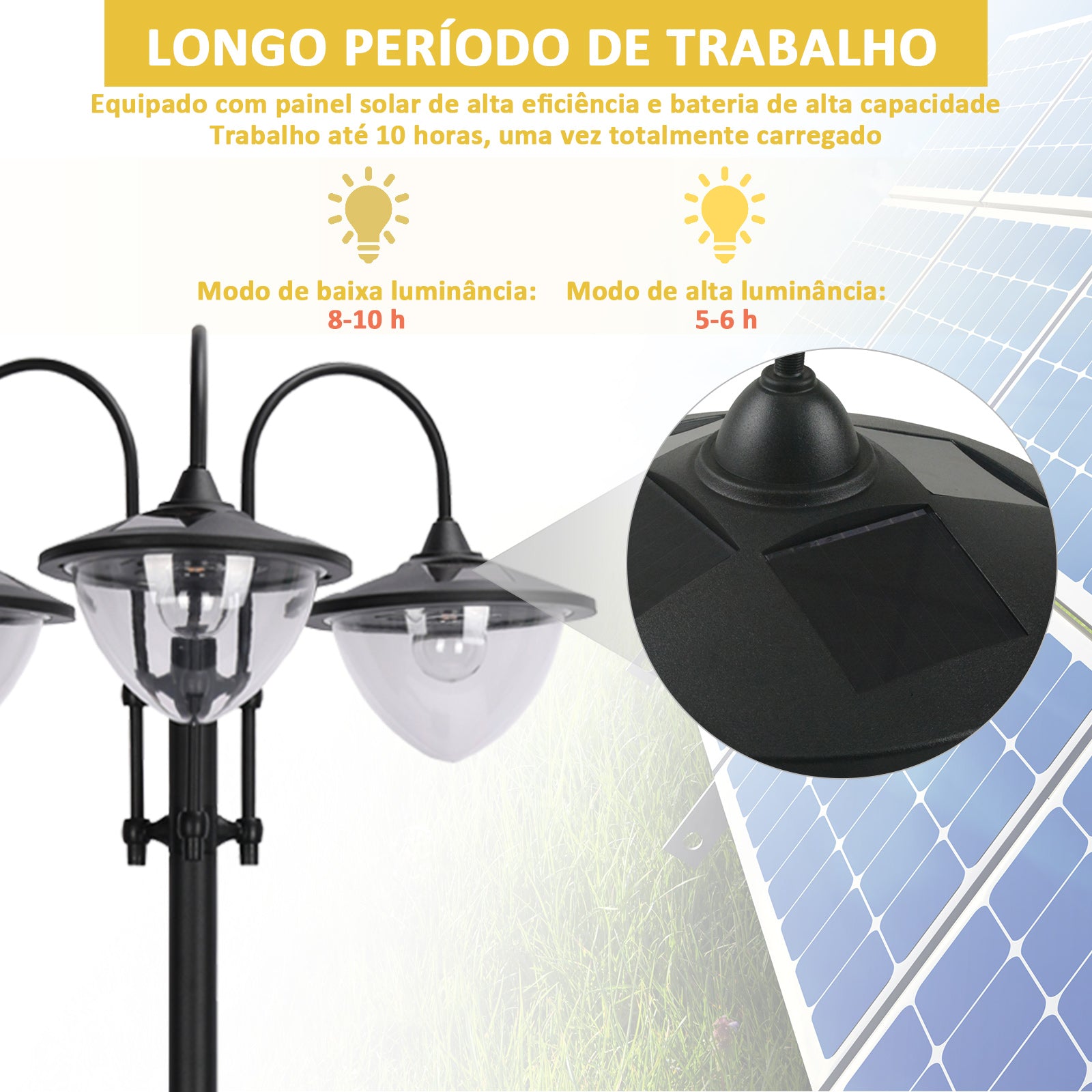 Candeeiro Solar para Exterior – 60x55x189 cm – Preto – Polipropileno, ABS, Aço Inoxidável, Liga de Alumínio