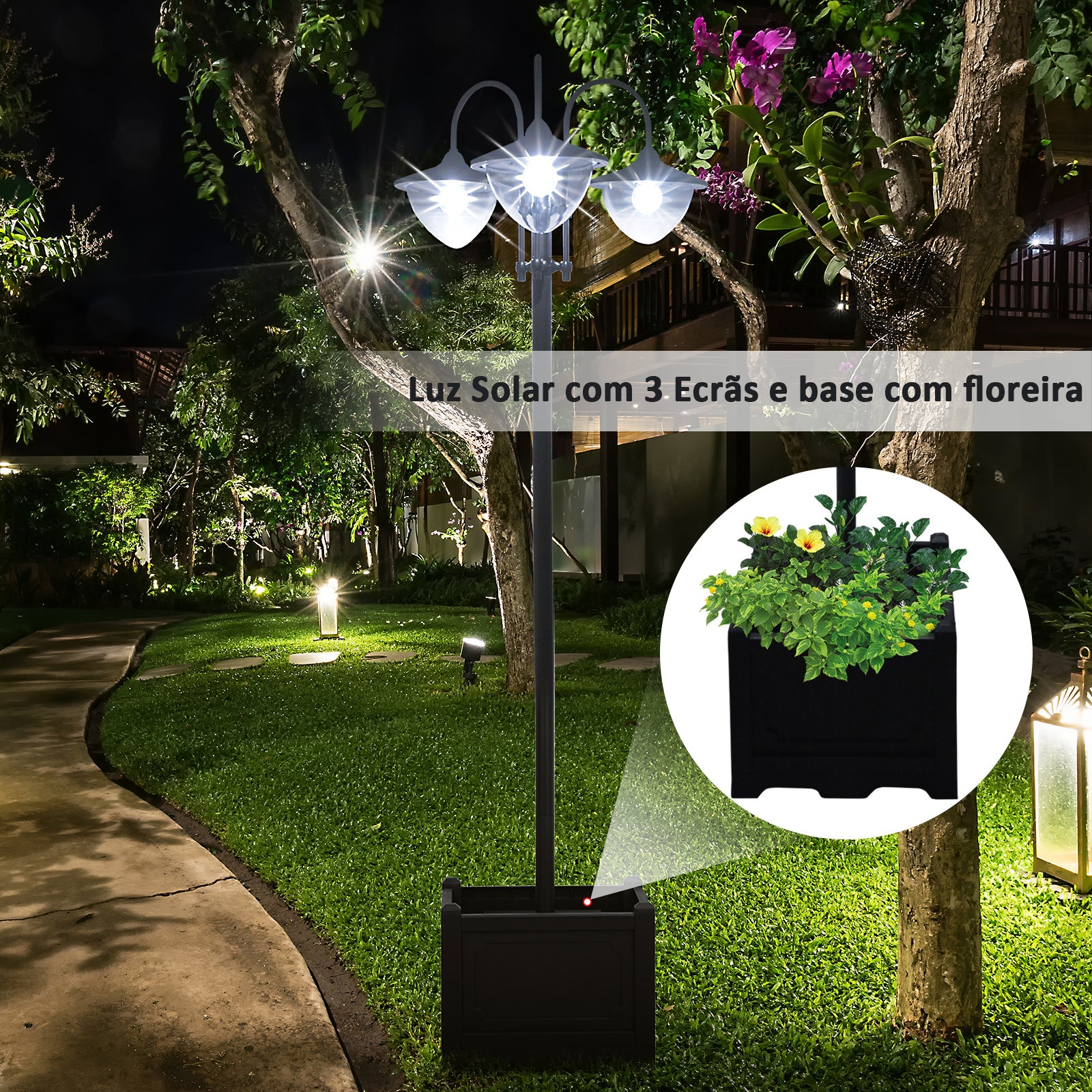Candeeiro Solar para Exterior – 60x55x189 cm – Preto – Polipropileno, ABS, Aço Inoxidável, Liga de Alumínio