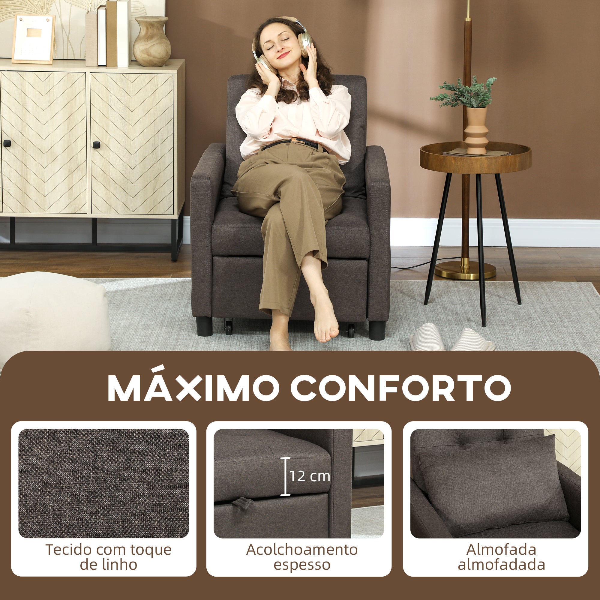 Sofá Cama Individual Cinzento 69x82,5x84 cm com Encosto Reclinável e Almofada Extra