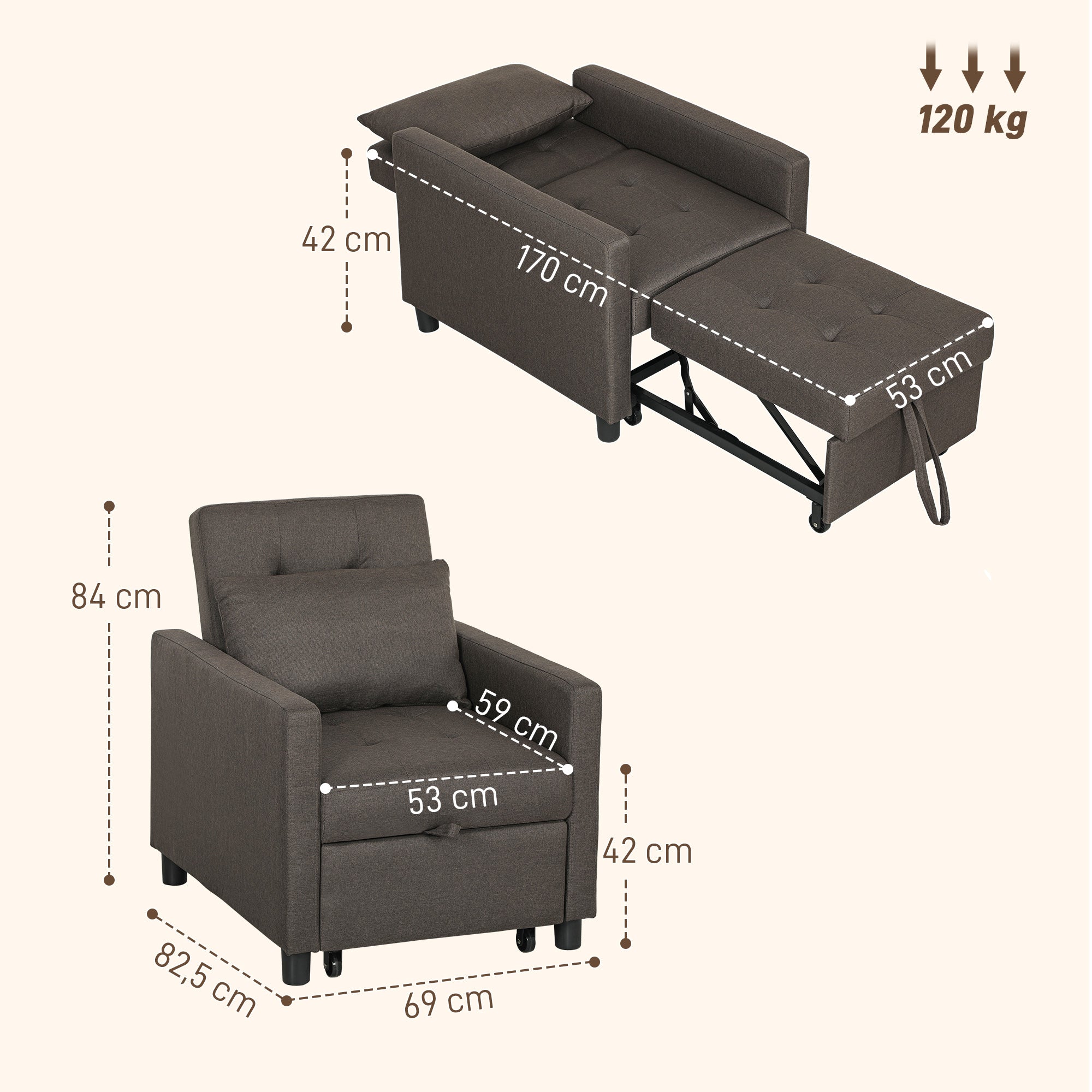 Sofá Cama Individual Cinzento 69x82,5x84 cm com Encosto Reclinável e Almofada Extra