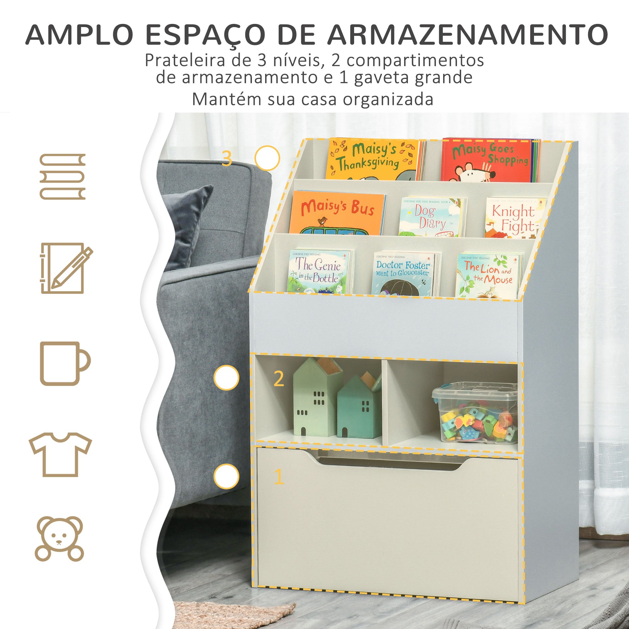 Estante de Brinquedos com Gaveta Móvel – 60x29,9x90cm – Cinza – MDF