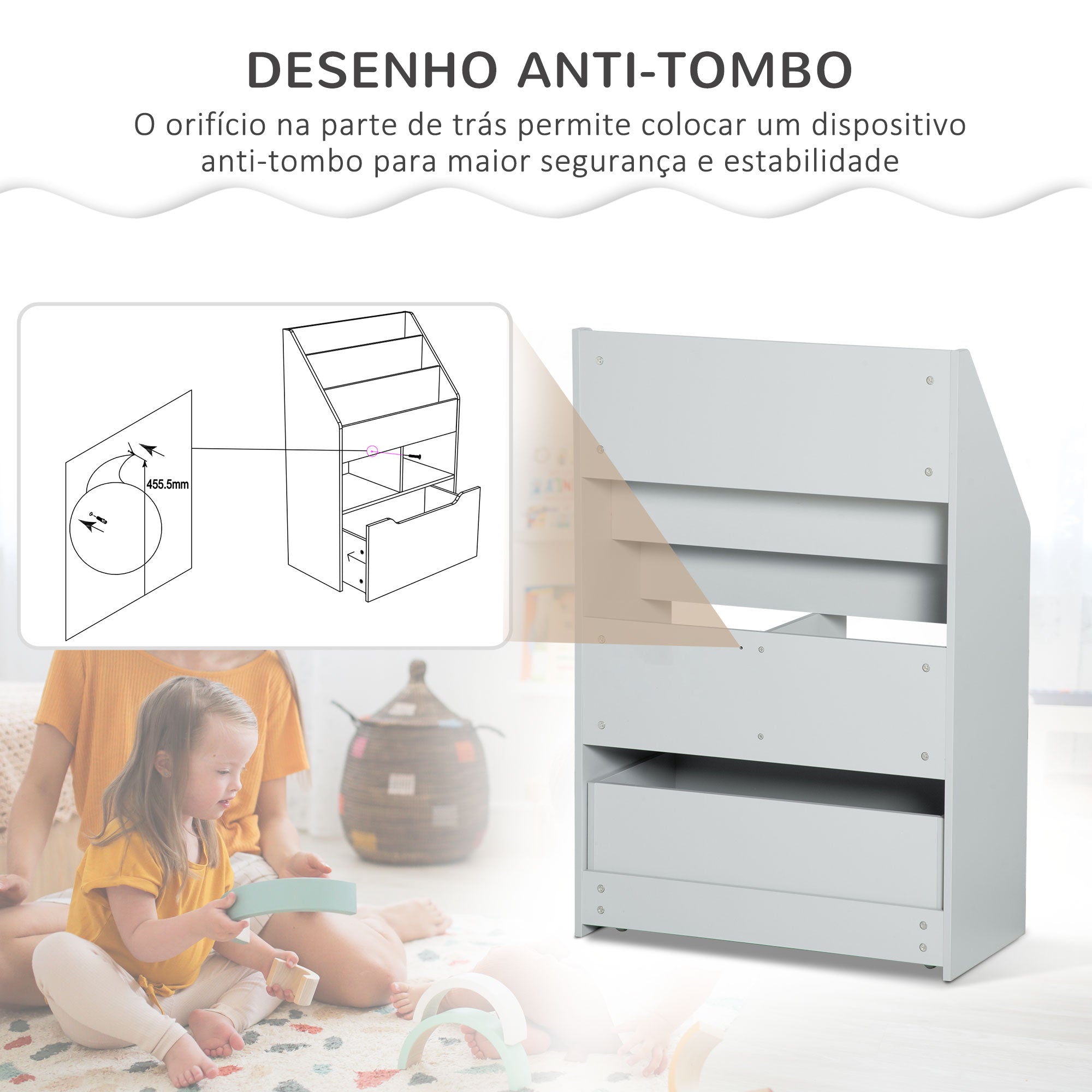 Estante de Brinquedos com Gaveta Móvel – 60x29,9x90cm – Cinza – MDF