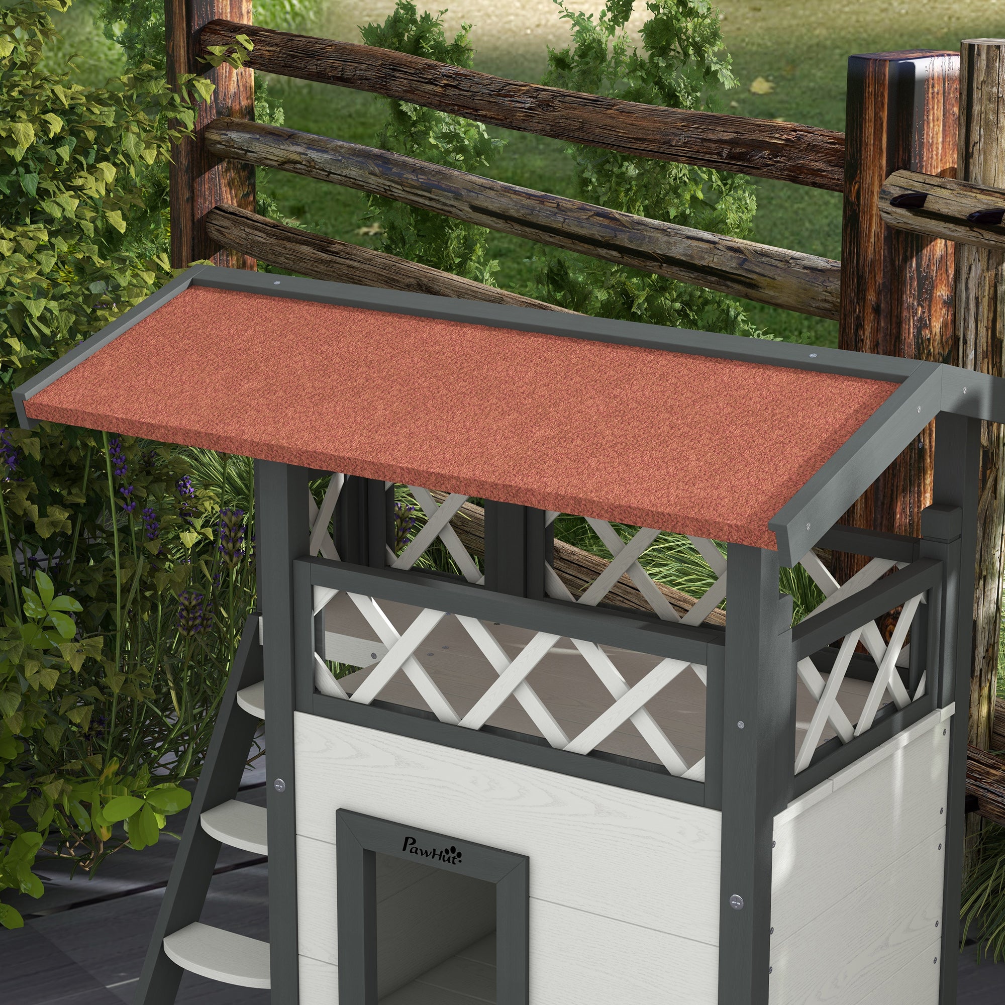 Casa para Gatos de Madeira Branca 77x50x73cm com Níveis e Terraço