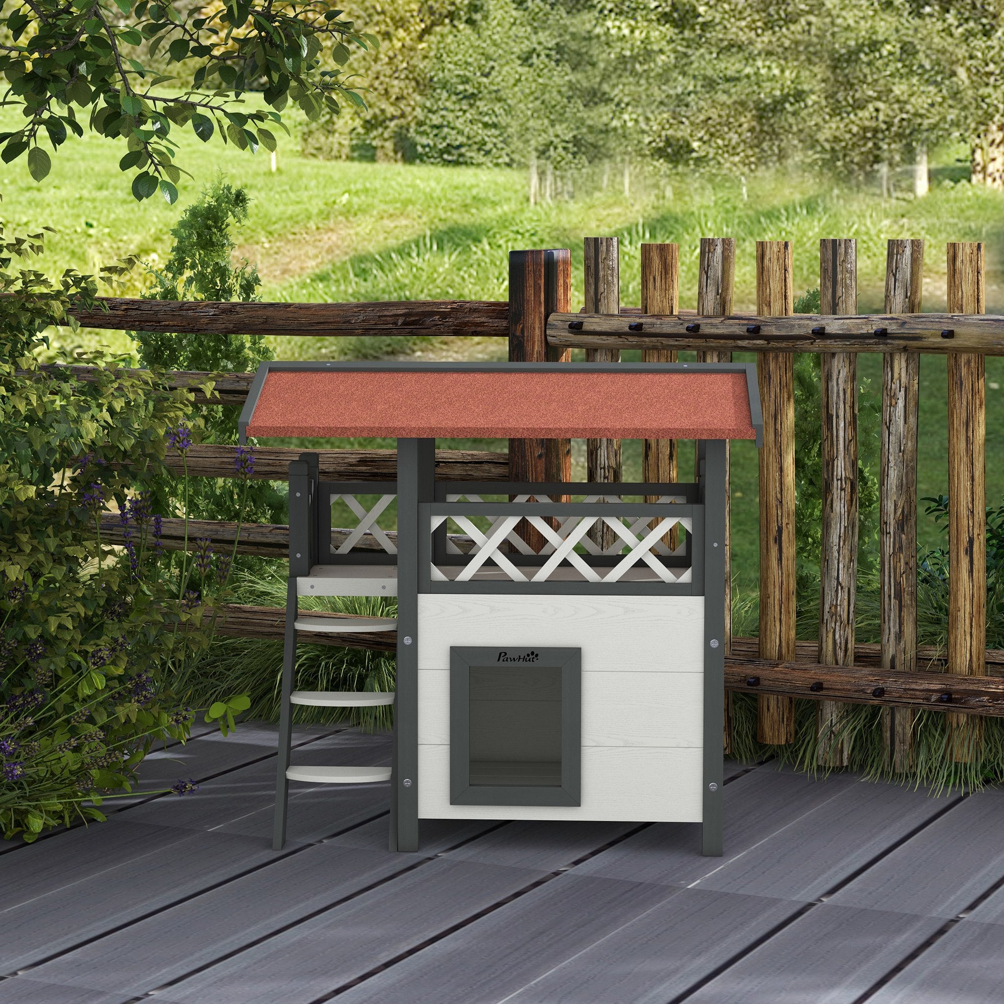 Casa para Gatos de Madeira Branca 77x50x73cm com Níveis e Terraço