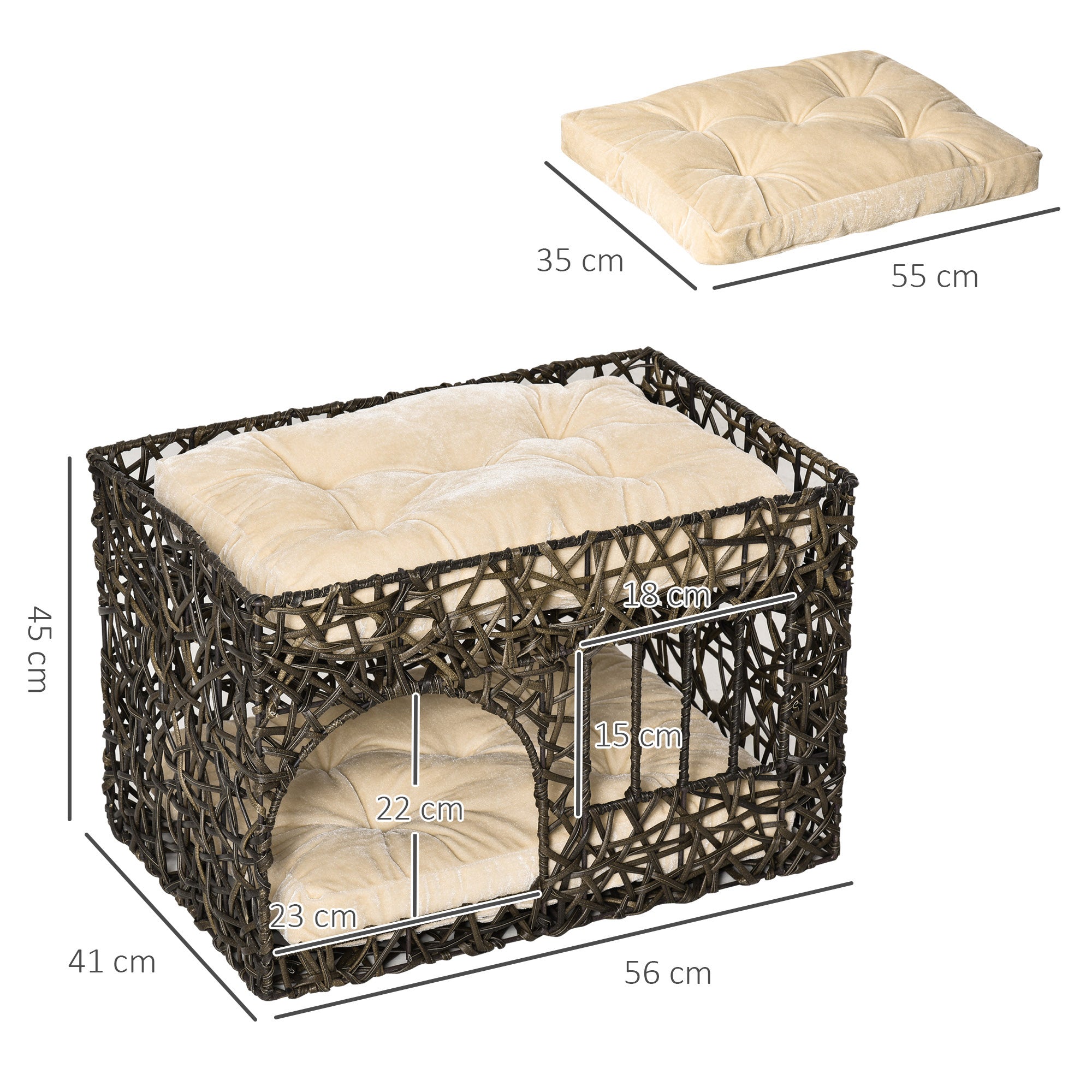 Cama de Vime para Gatos de 2 Alturas 56x41x45cm - Café Escuro