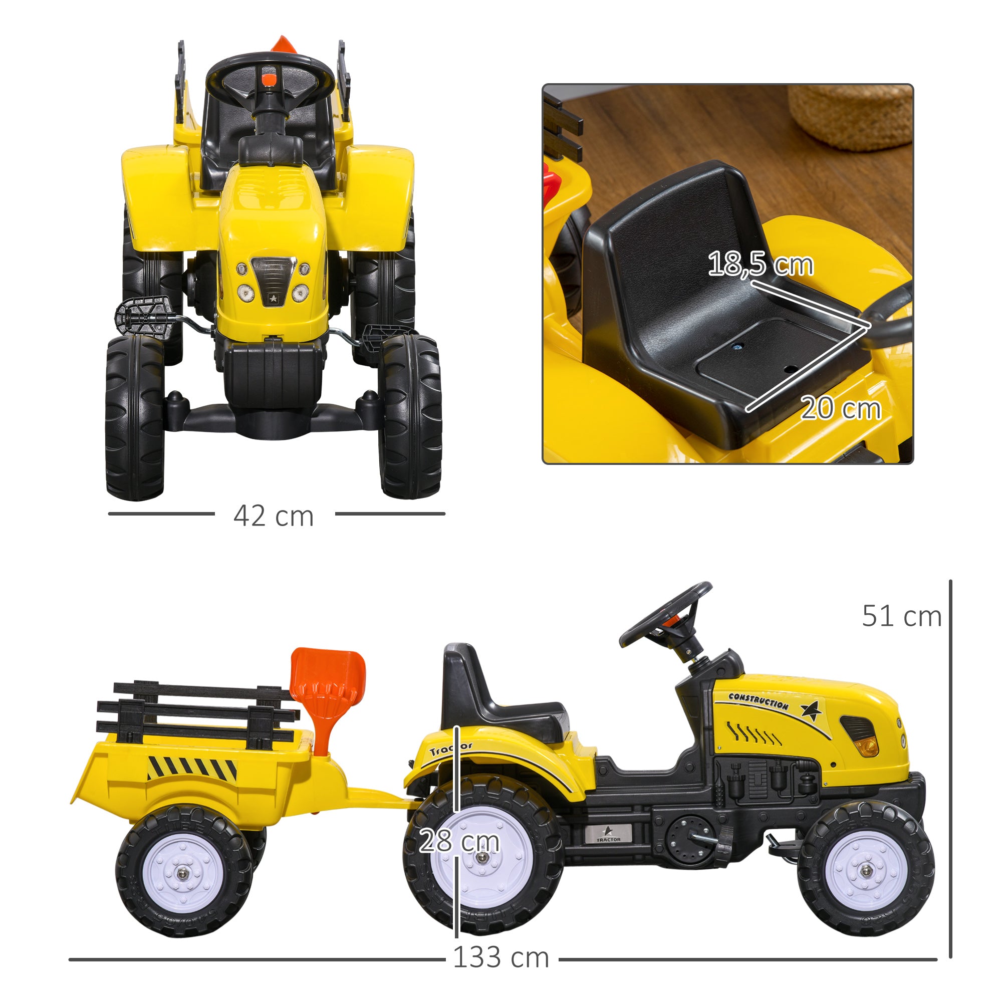 Trator a Pedais para Crianças – 133x42x51 cm – Amarelo e Preto – Ferro e Plástico Reforçado