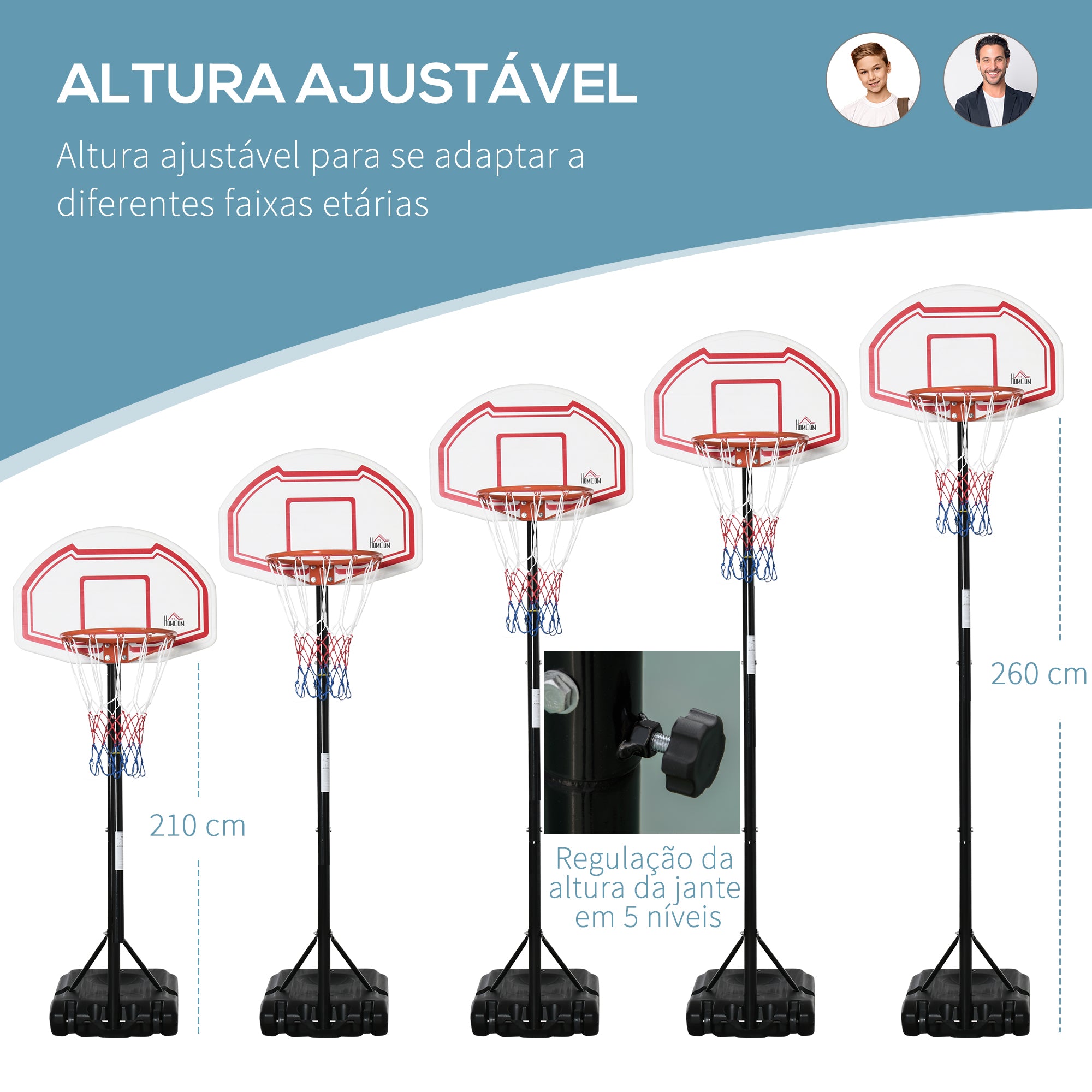 Tabela de Basquetebol com Altura Ajustável 70x45x258-314 cm Cor Branco, Preto e Vermelho