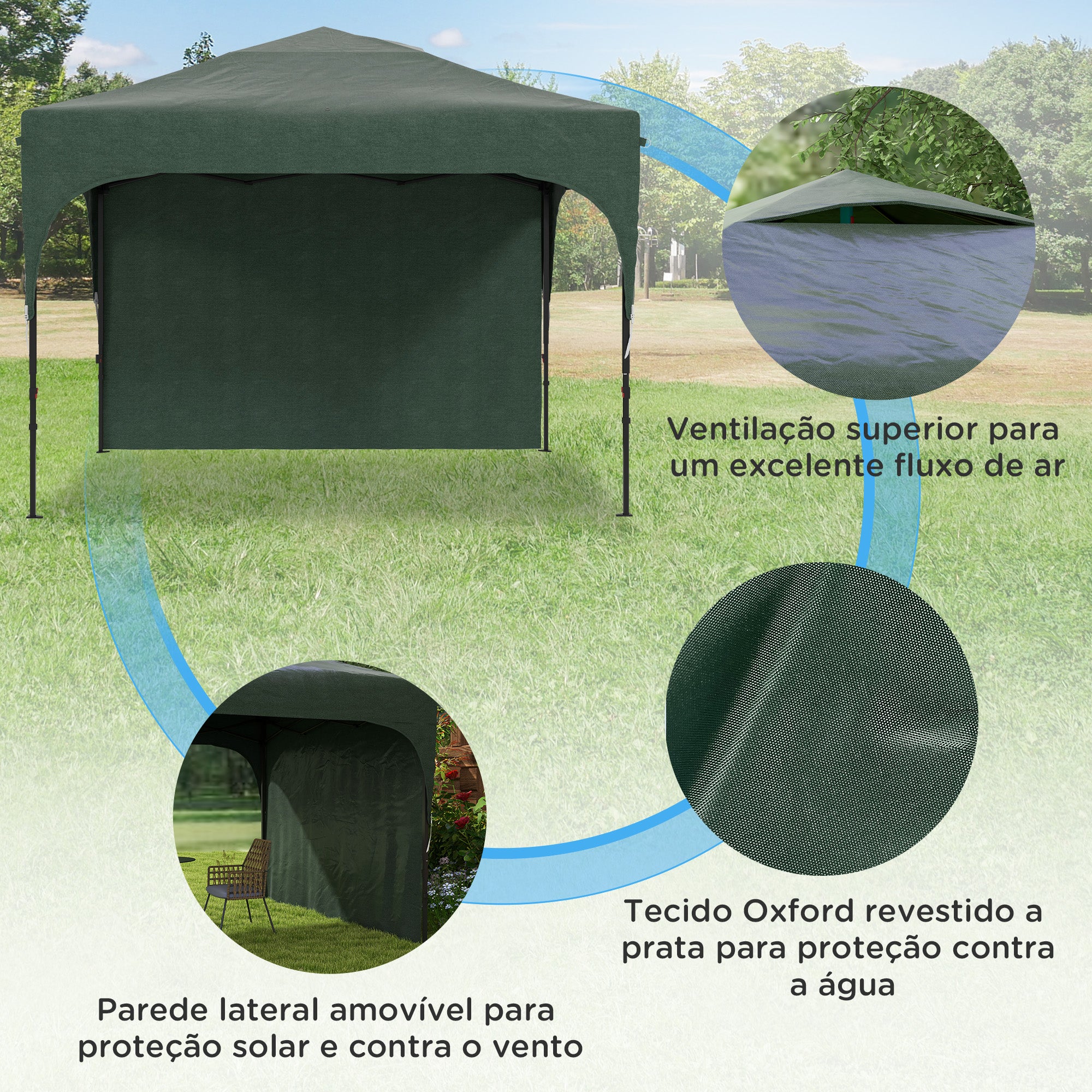 Tenda Dobrável 3x3m Verde com Altura Ajustável e Parede Lateral