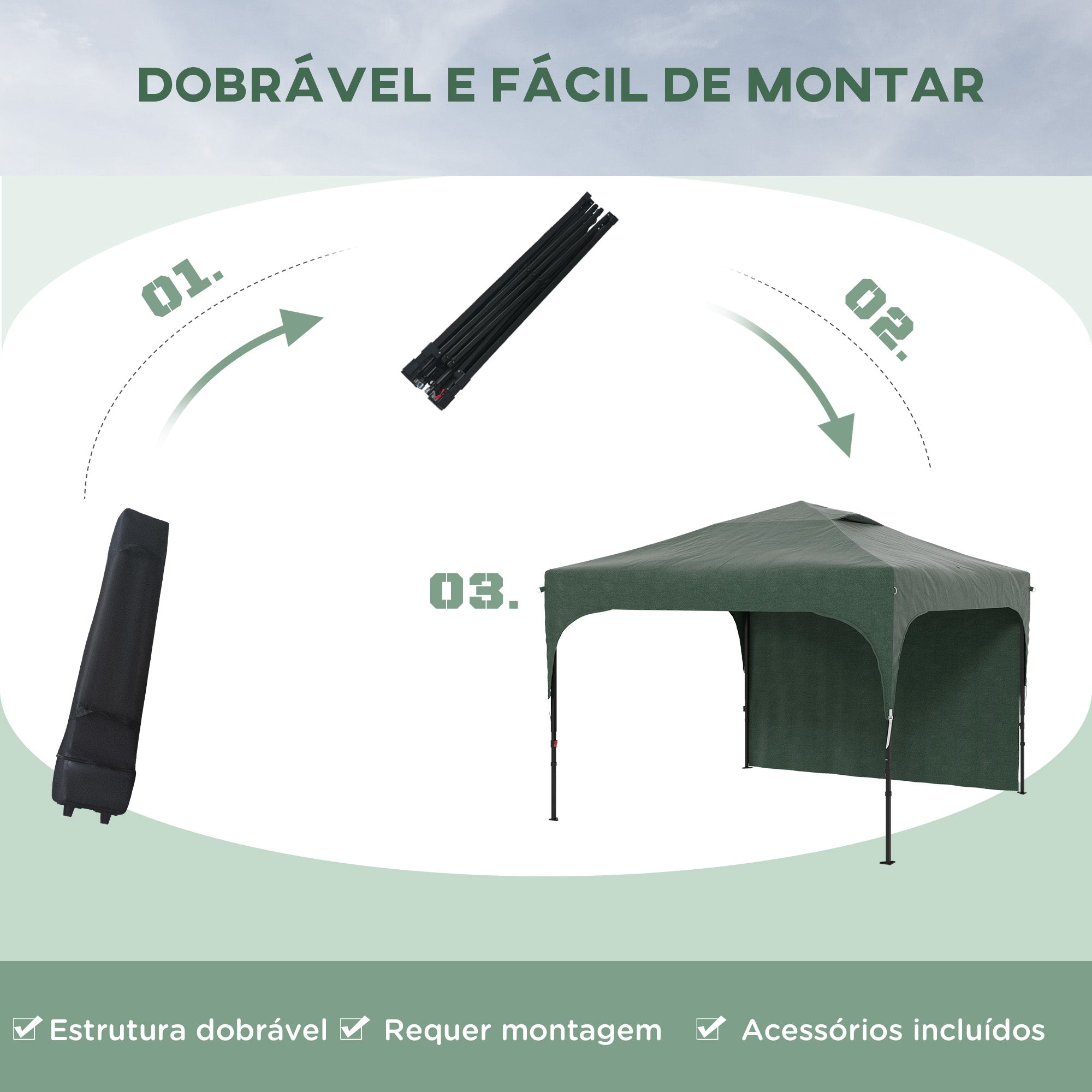 Tenda Dobrável 3x3m Verde com Altura Ajustável e Parede Lateral
