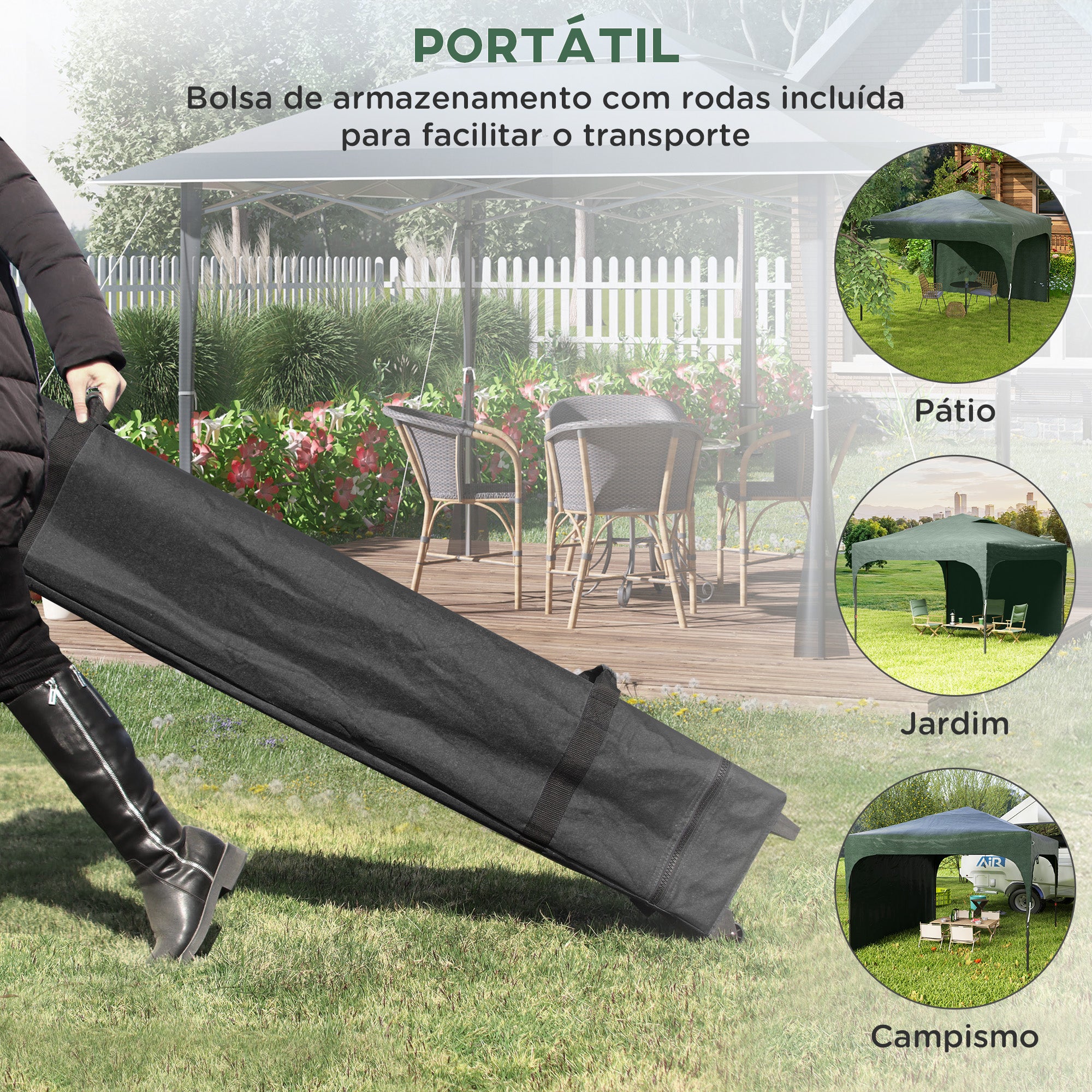 Tenda Dobrável 3x3m Verde com Altura Ajustável e Parede Lateral