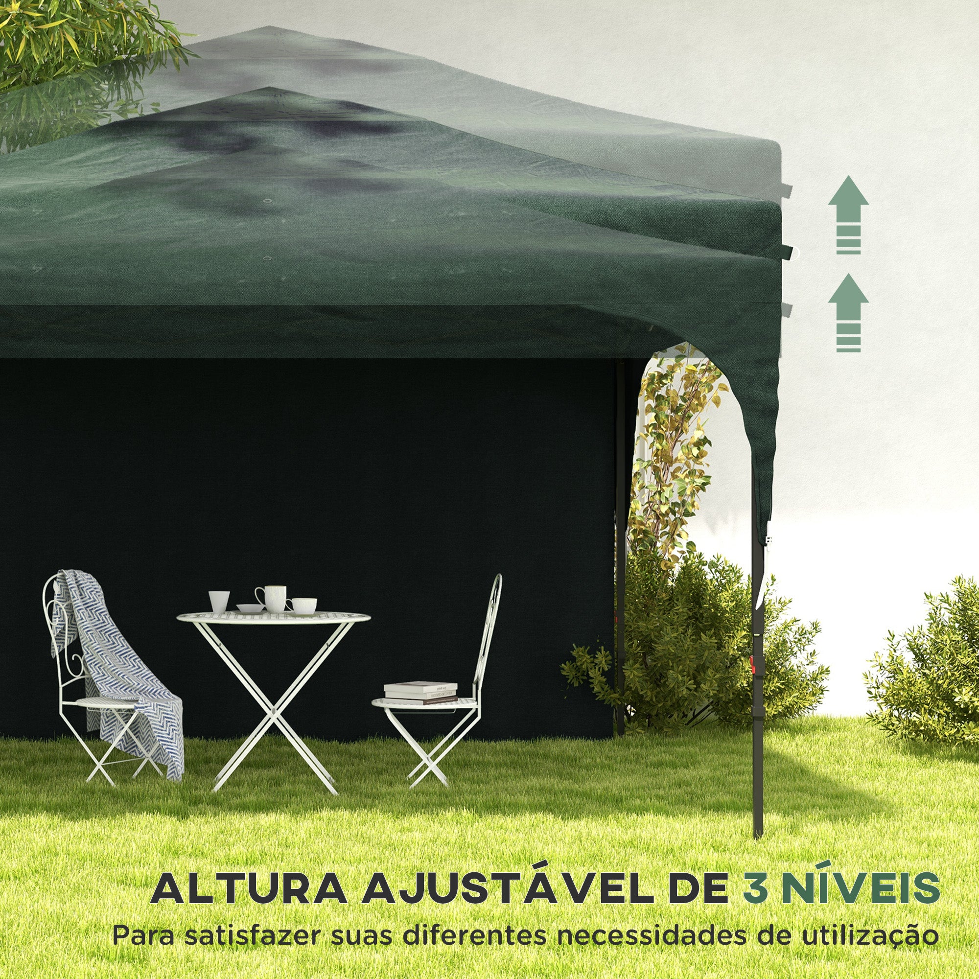 Tenda Dobrável 3x3m Verde com Altura Ajustável e Parede Lateral