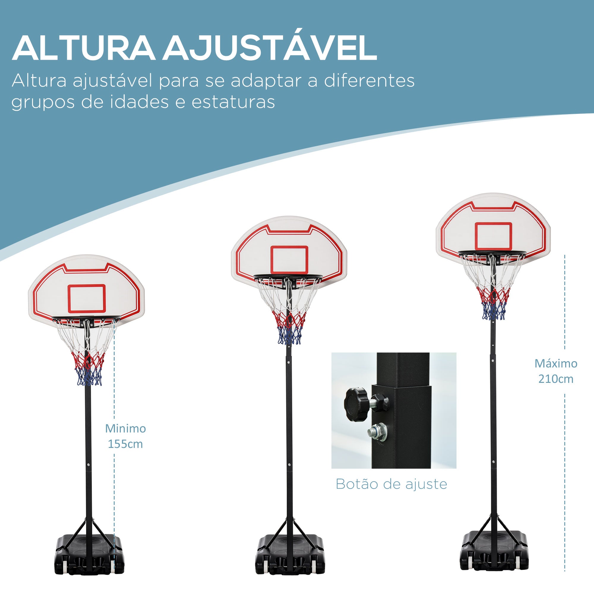 Cesta de Basquetebol Dobrável e Ajustável em Altura 150-210 cm - Preto, Vermelho e Branco