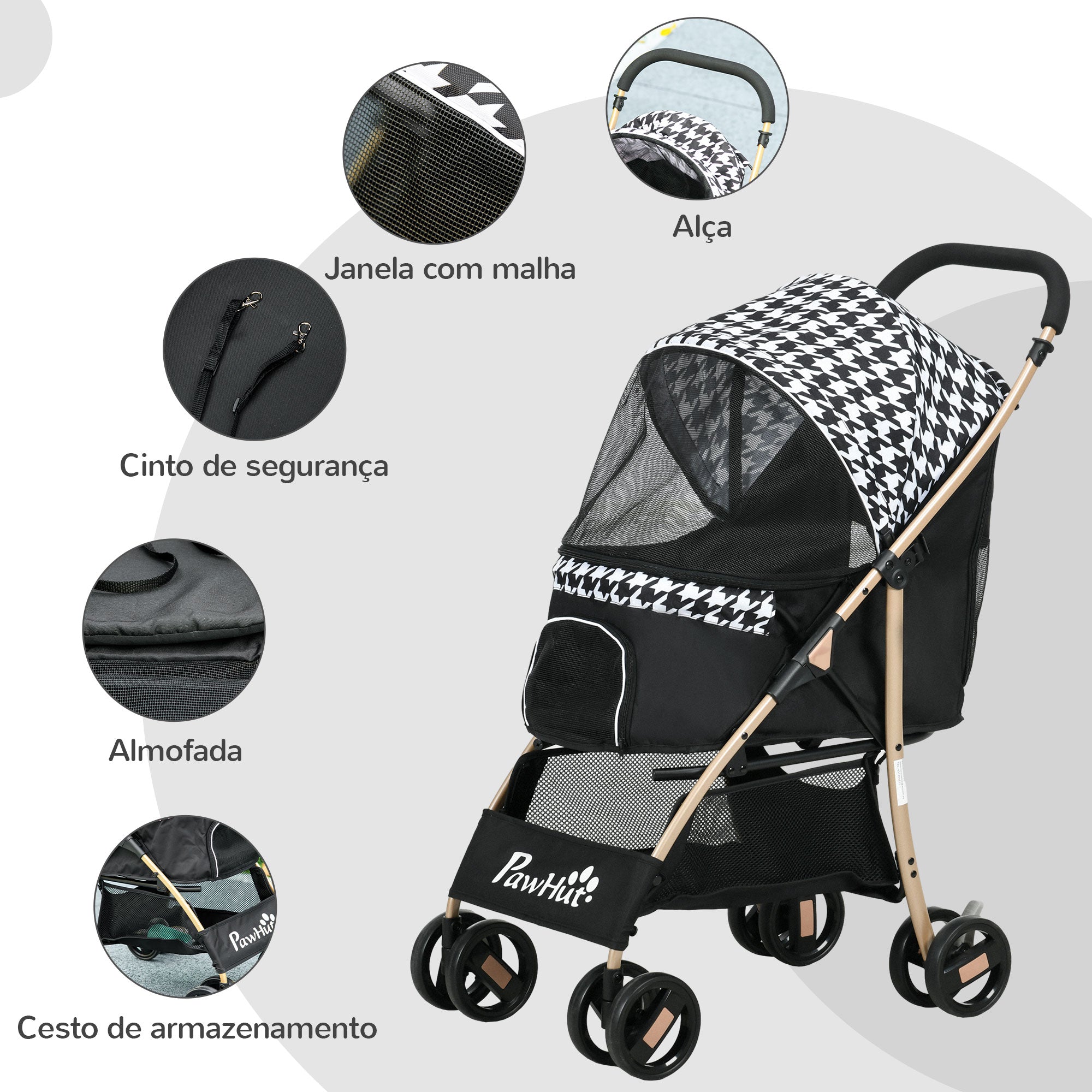 Carrinho para Cães Pequenos – 80x44,5x97 cm – Cor Preto – Tecido Oxford, Aço, Plástico, EVA
