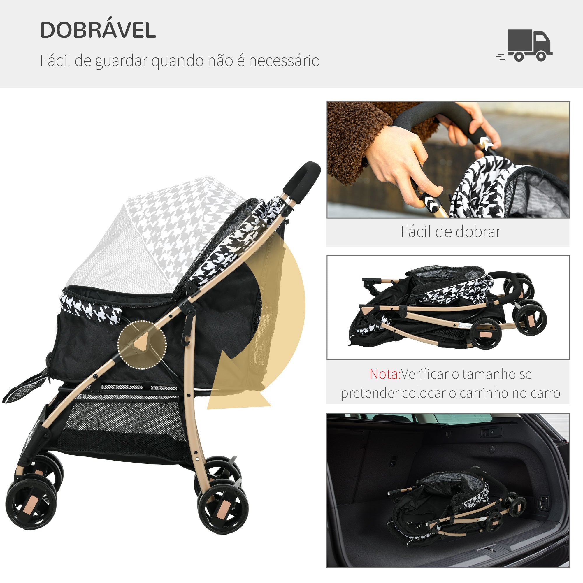 Carrinho para Cães Pequenos – 80x44,5x97 cm – Cor Preto – Tecido Oxford, Aço, Plástico, EVA