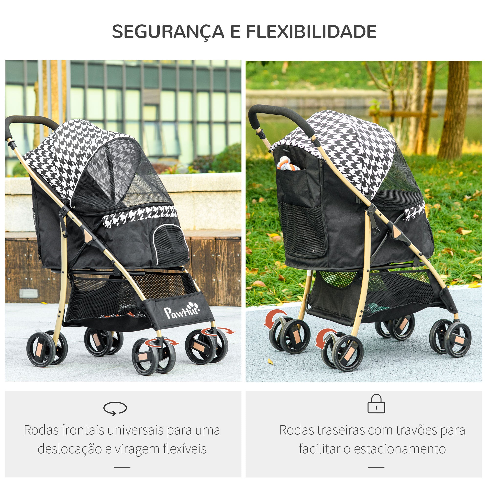 Carrinho para Cães Pequenos – 80x44,5x97 cm – Cor Preto – Tecido Oxford, Aço, Plástico, EVA