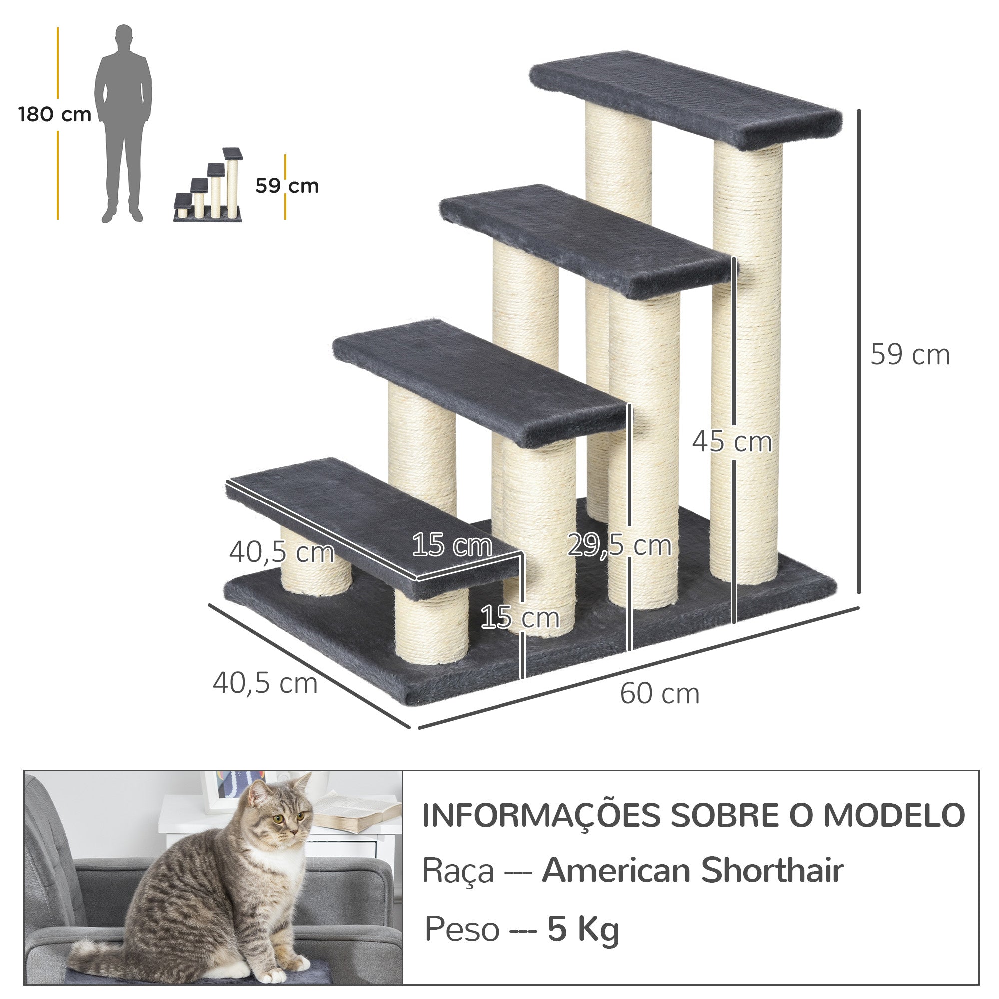 Escada para Animais de Estimação 4 Passos Cinza 60x42x61cm