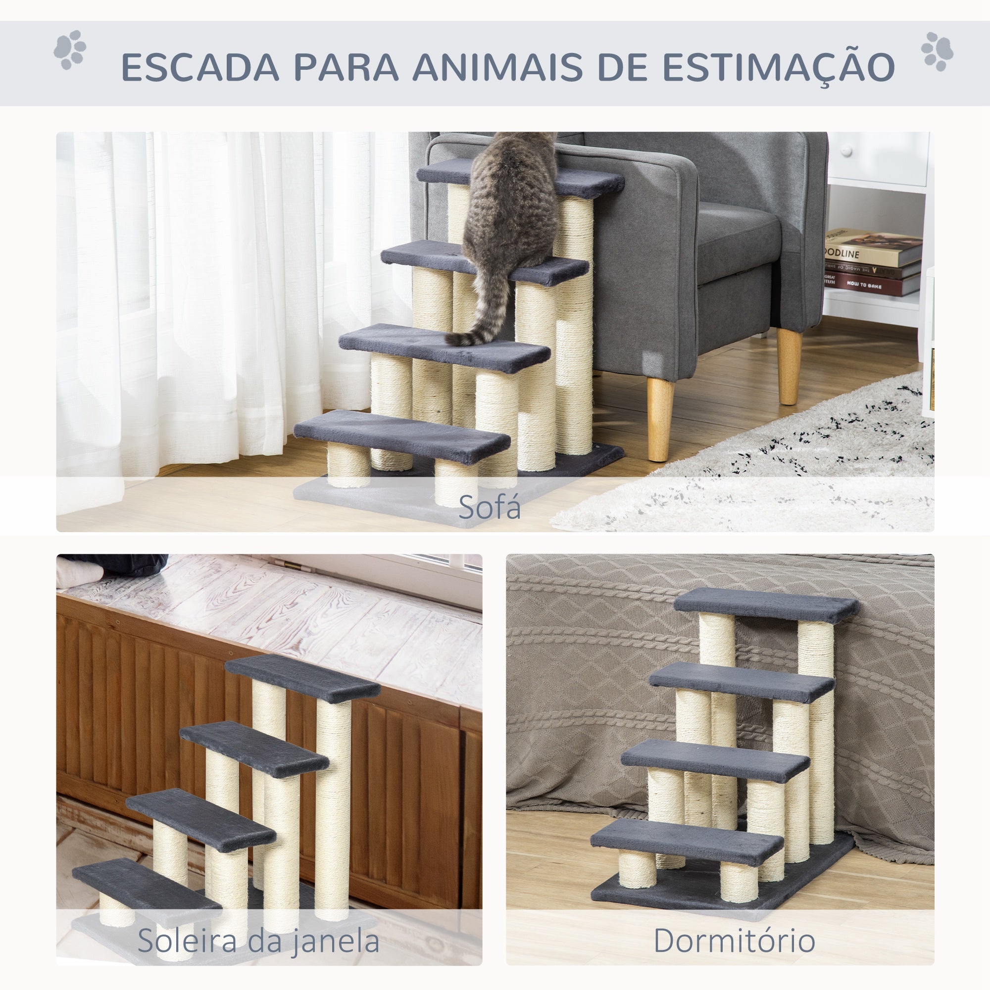Escada para Animais de Estimação 4 Passos Cinza 60x42x61cm