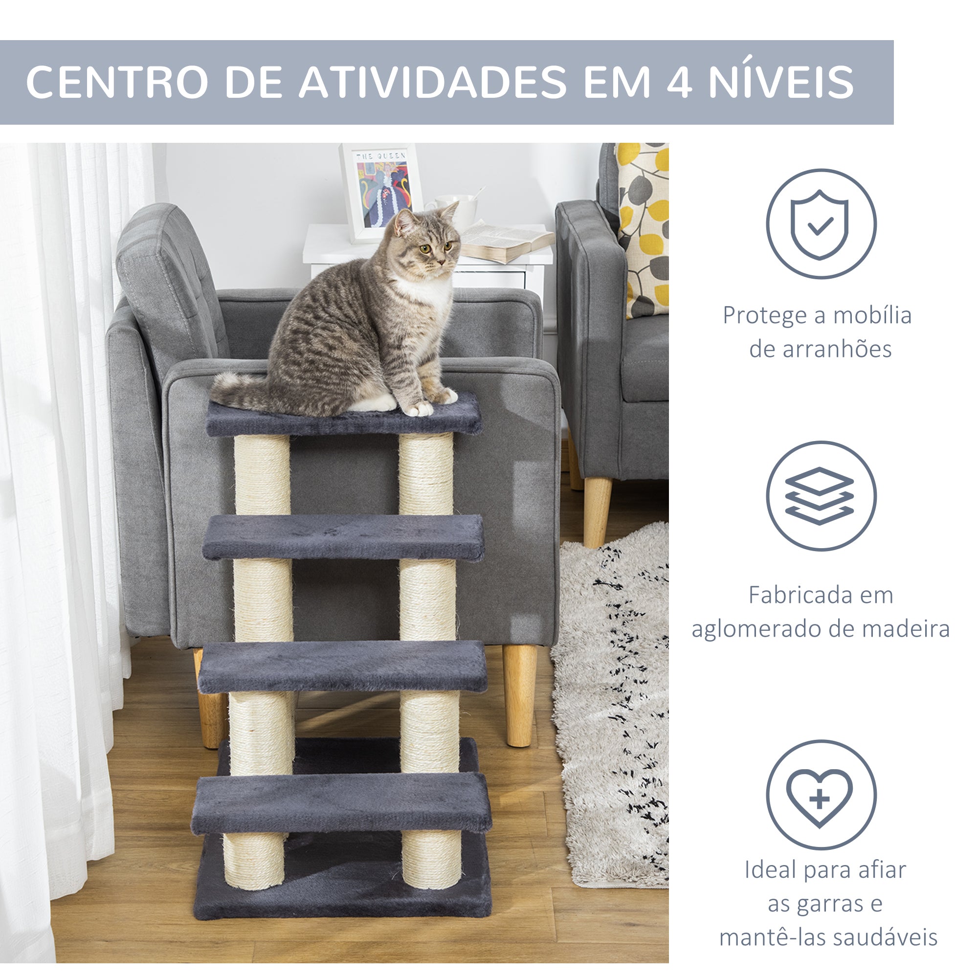 Escada para Animais de Estimação 4 Passos Cinza 60x42x61cm