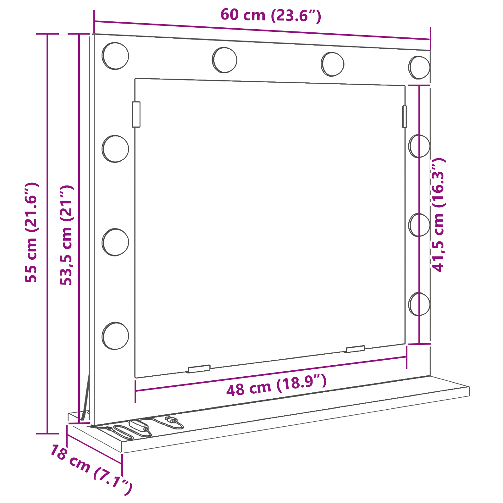 Espelho de Vaidade com luzes de tira LED Branco 60 x 55 x 18 cm