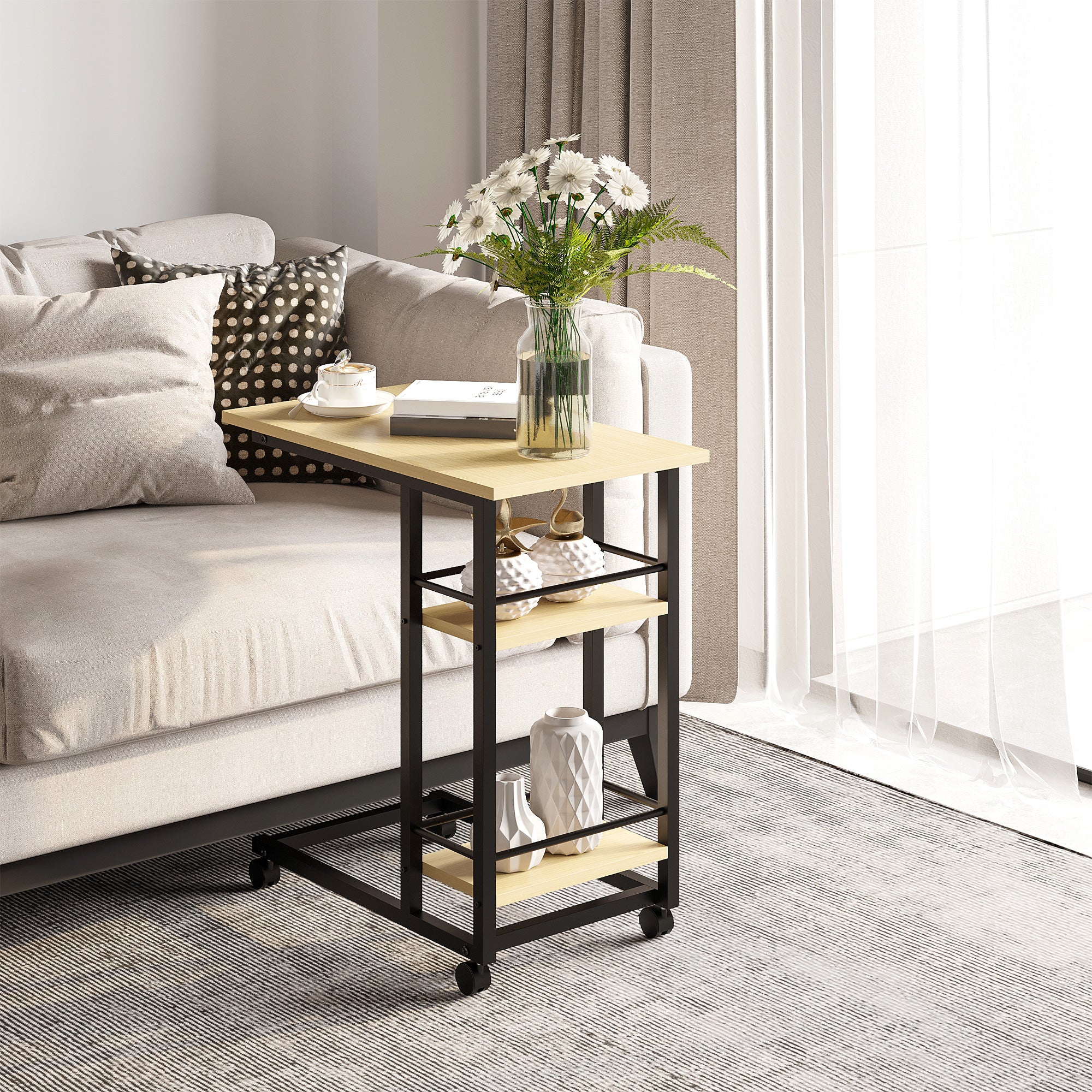 Mesa Auxiliar com Rodas – 60x34.5x64.5cm – Bege – Madeira melamina e metal